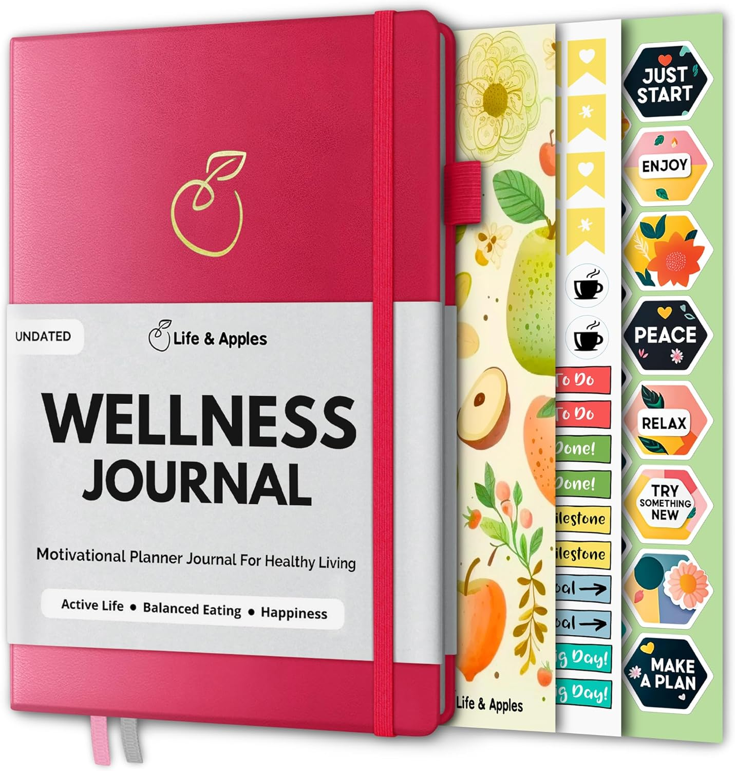 Life & Apples Rose Gold Wellness Planner - Food Journal, Fitness Diary, Gratitude & Meal Planner for Healthy Living & Self-Care - Track Weight Loss Diet & Health Goals - Undated, A5 Size