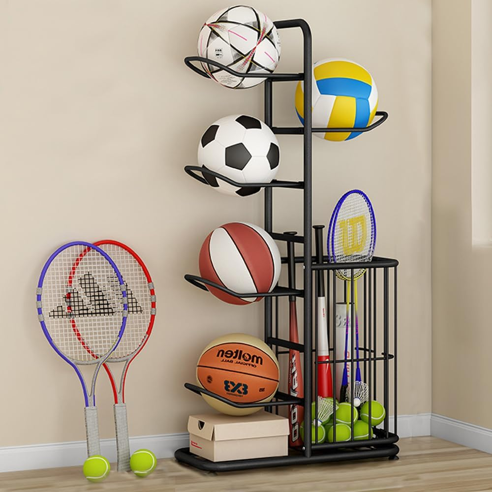 Fohouse Garage Sports Equipment Organizer with Basket, Ball Storage Rack, Football Stand, Ball Storage Garage, Ball Holder