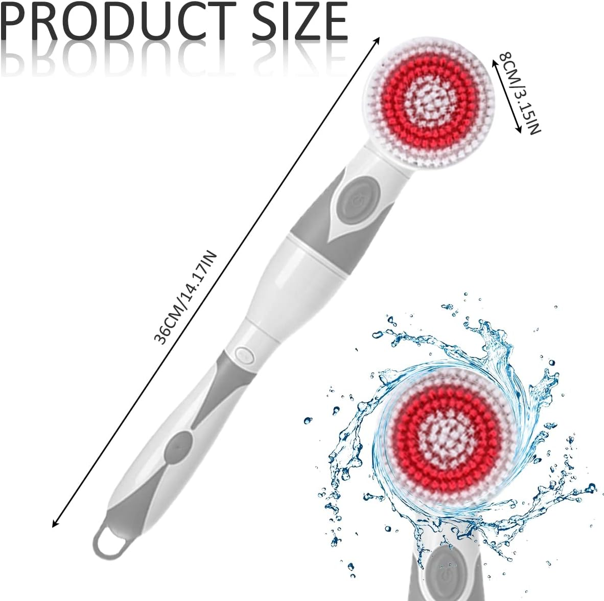 Electric Body Brush, Long Handled Body Scrubber with 4 Brush Heads, Waterproof Soft Silicone Exfoliating Spin Brush Massage Bath Brush, Battery Powered Back Shower Brush & Facial Cleansing Brush image number 5
