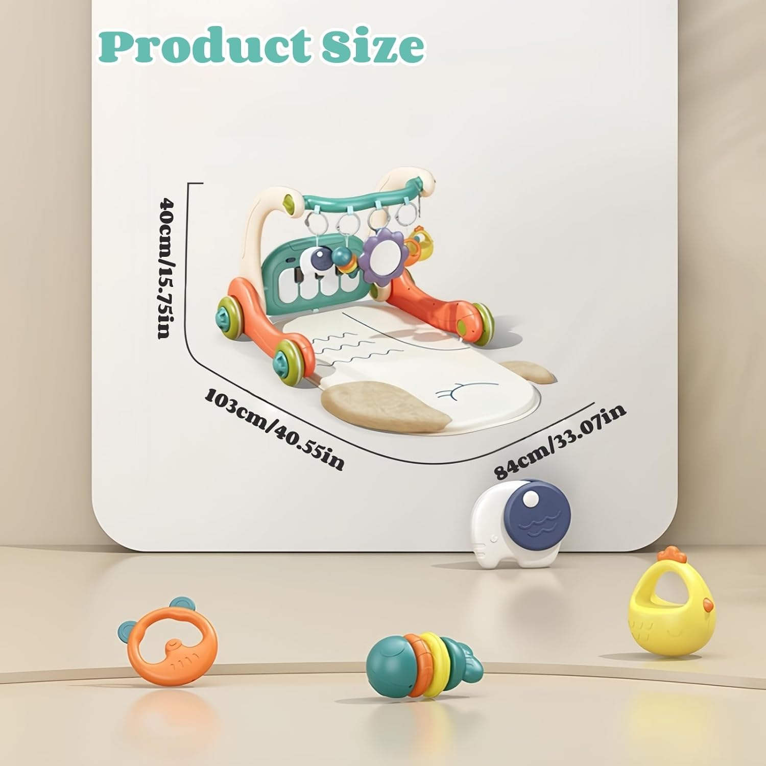 Baby Play Gym with Height Adjustment, Kick & Play Piano Mat with Music and Light, Tummy Time Mat with 5 Detachable Sensory Toys for Newborns to Toddlers (0&ndash;14M+) image number 2