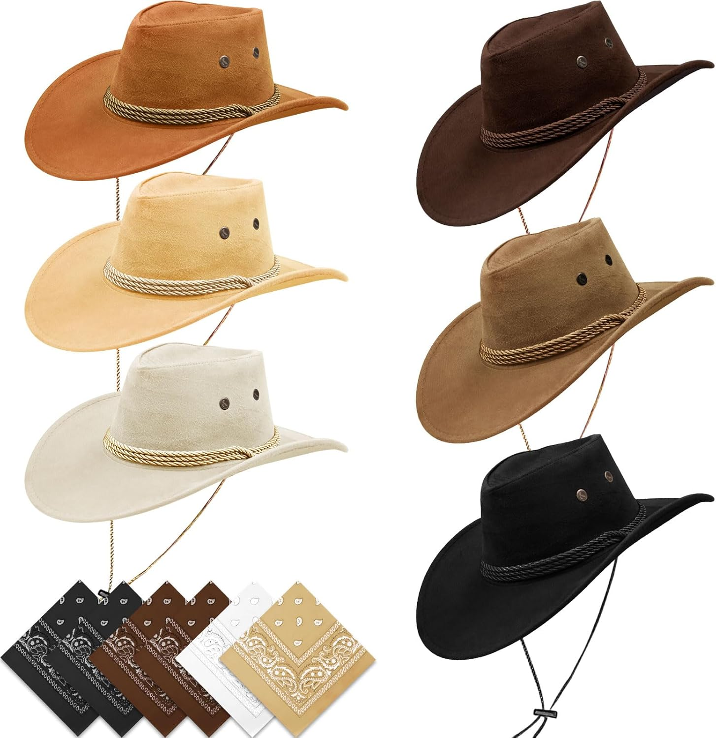 12 Pieces Cowboy Hats and Bandanas Bulk Cowboy Cowgirl Hats Costume Party for Men Woman (Mixed Color) image number 1