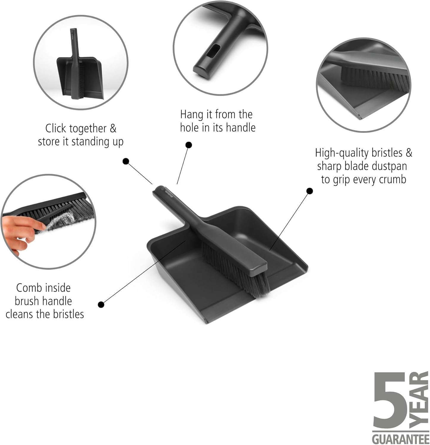 Brabantia Sinkside Dustpan and Brush Set, with Comb - Dark Grey image number 1