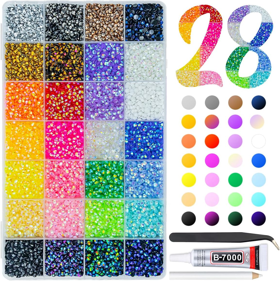 28 Color 3Mm Jelly Resin Rhinestones W B7000 Jewelry Glue for Bedazzling Crafting Flatback Stones No-Hotfix Colorful AB Gems Diamonds Charms for Nails Eyes Face Makeup Tumblers DIY Crafts Shoes
