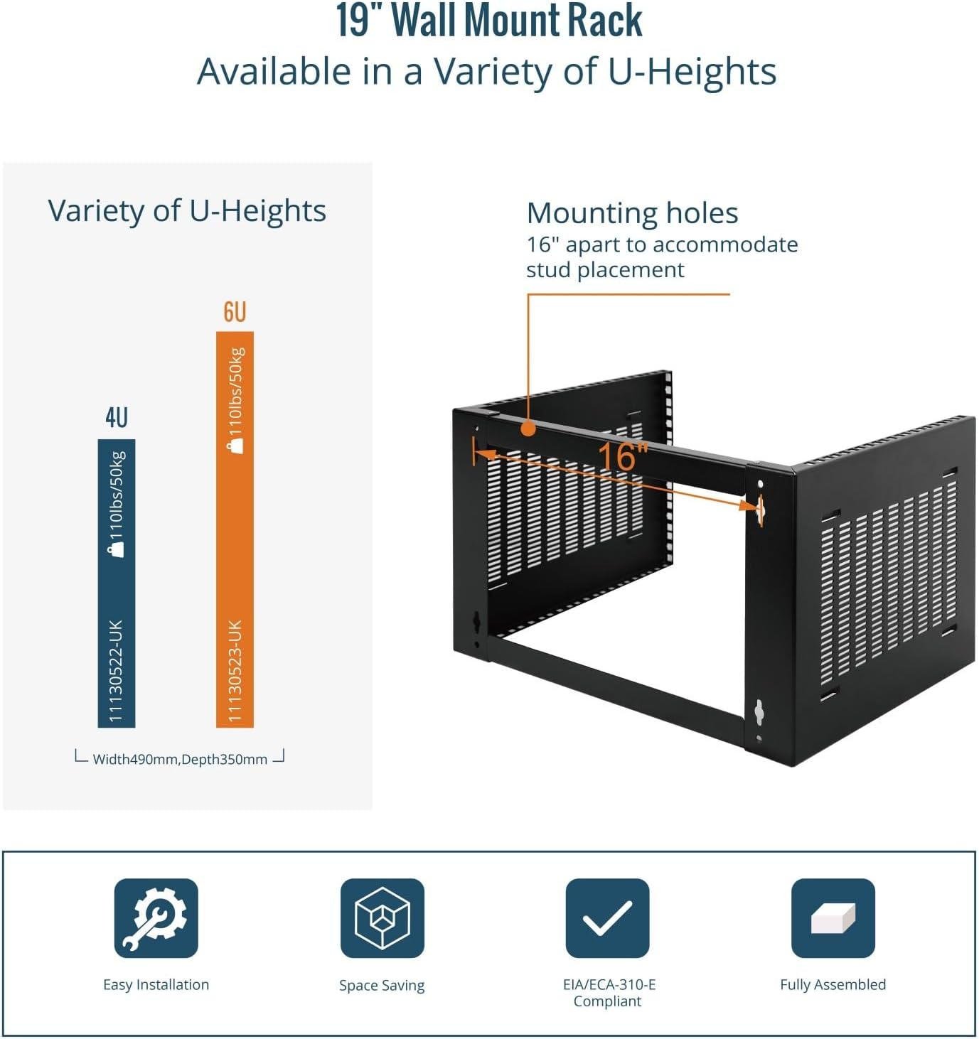 Tecmojo 6U Server Rack 350Mm Deep Open Frame Network Rack 19" Width Wall Mount for Shallow Server and IT Equipment, Network Switches, Patch Panel Bracket, 50 Kg /110 Lbs Max Loading, Black image number 6