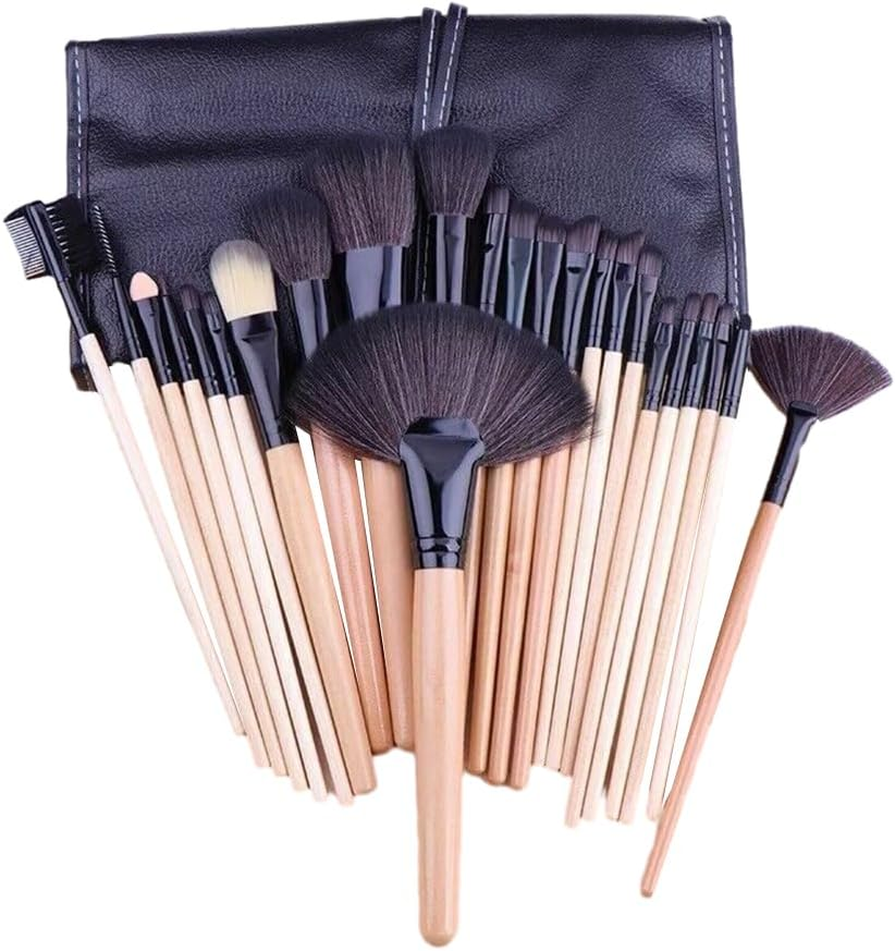 24 Pcs Professional Makeup Brush Kit Set Cosmetic Make up Beauty Brushes Bag - with Soft Synthetic Bristles, Wooden Handles, and PU Storage Bag - Perfect Beauty Tool Kit for All Cosmetic Needs