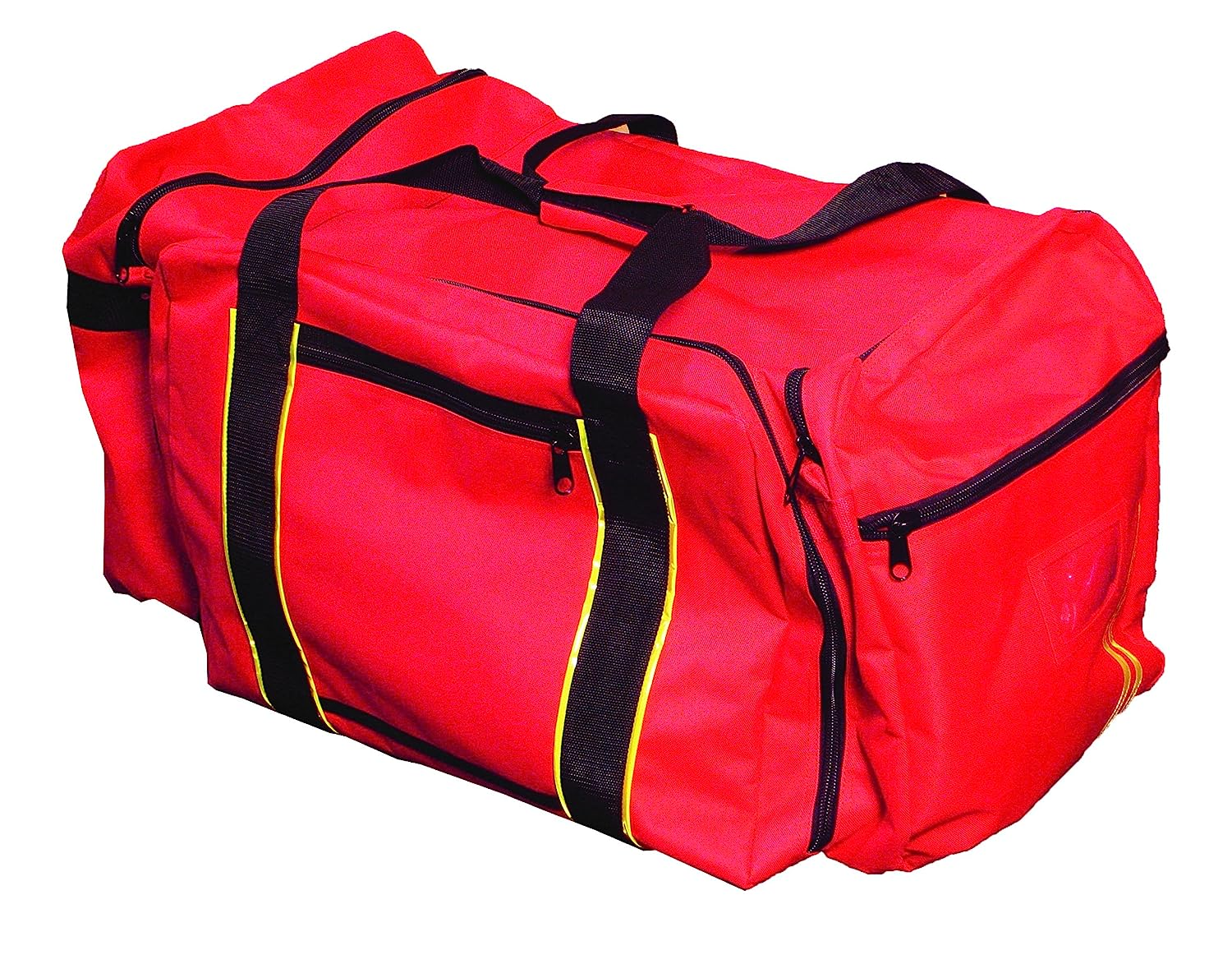 Occunomix OK-3000 Large Gear Bag, &ldquo;Firefighter&rdquo; Woven in Reflective Trim along Bag Straps, Maltese Cross Logo, 3 Compartments with 2 outside Zip Pockets, 29&rdquo; X 17&rdquo; X 16&rdquo;, Red