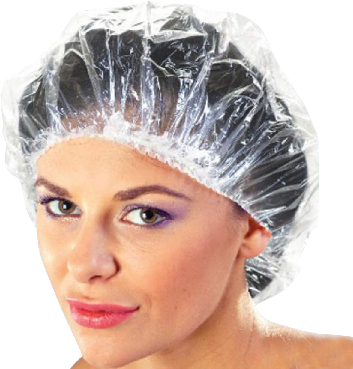 100+10 Disposable Clear Mop Mob Caps Clipped Hair Head Cover Shower Cap Plastic for Beauty Salon,Food Service,Hospitals,Laboratories,Manufacturing or Spray Tanning image number 4