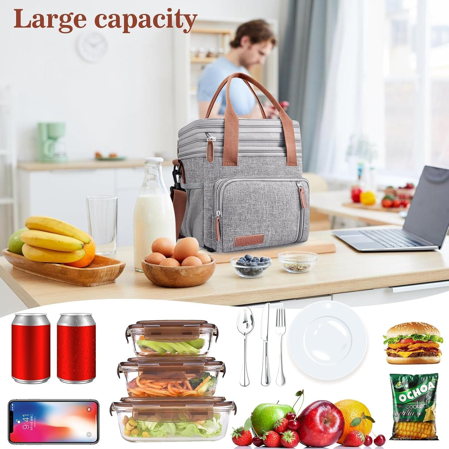 Lunch Bag for Women Men, Large Insulated Adult Lunch Box Leakproof Lunchbox Cooler Bag for Work Picnic Beach (Double Layer Gray) image number 2