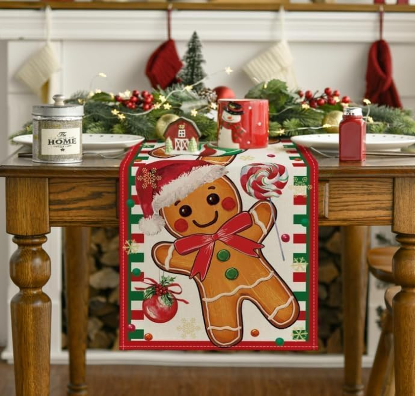 Table Runners Gingerbread Candy Cane Christmas Decor, Winter Kitchen Dining Table Decoration for Home Party 13X72 Inch &ndash; Red image number 5