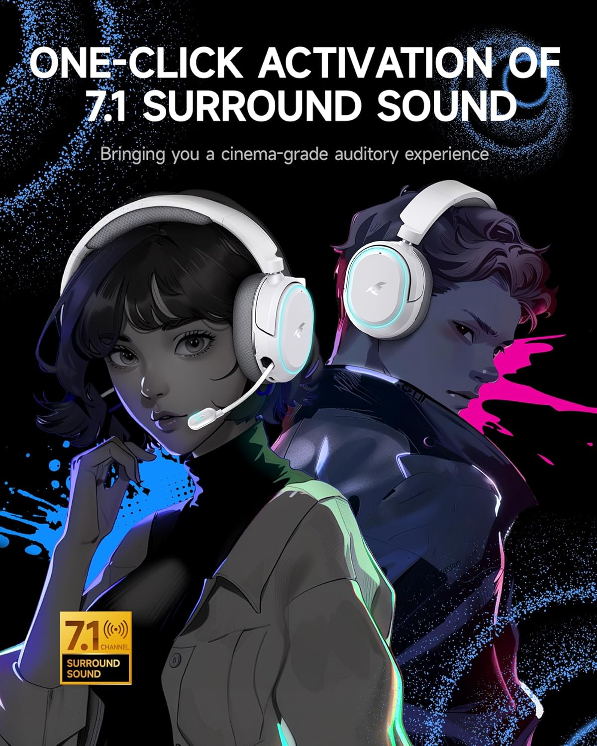 Picun G2 Wireless Gaming Headset, Over-Ear 7.1 Virtual Surround Sound, 2.4Ghz/Bluetooth 5.4/Wired, 5Ms Ultra-Low Latency, 100H Battery, ENC Noise-Canceling Mic, RGB, for PC PS5 PS4 Switch (Grey) image number 2