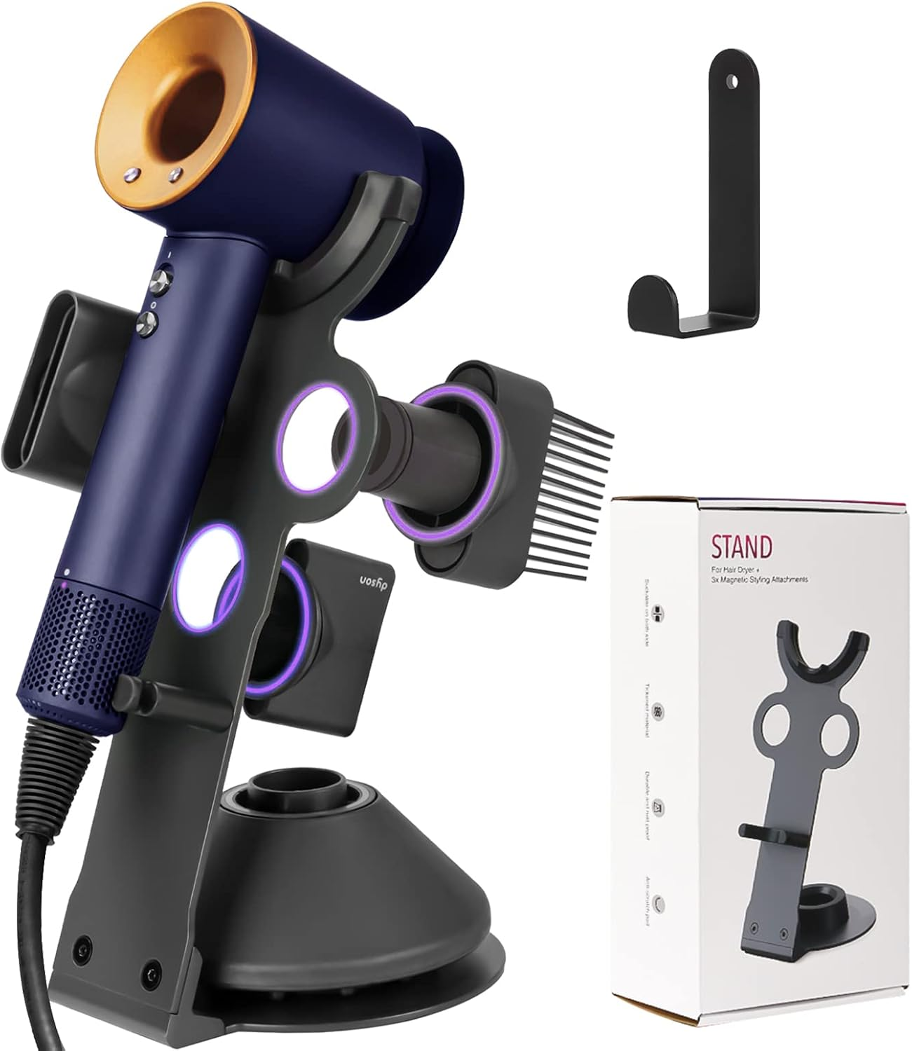 Genyen Eye Hair Dryer Holder Stand for Dyson Hair Dryer, Upgraded Dyson Hair Dryer Holder Dyson Hair Dryer Stand Black to Store 5 Dyson Hair Dryer Attachments with Cable Hook image number 6