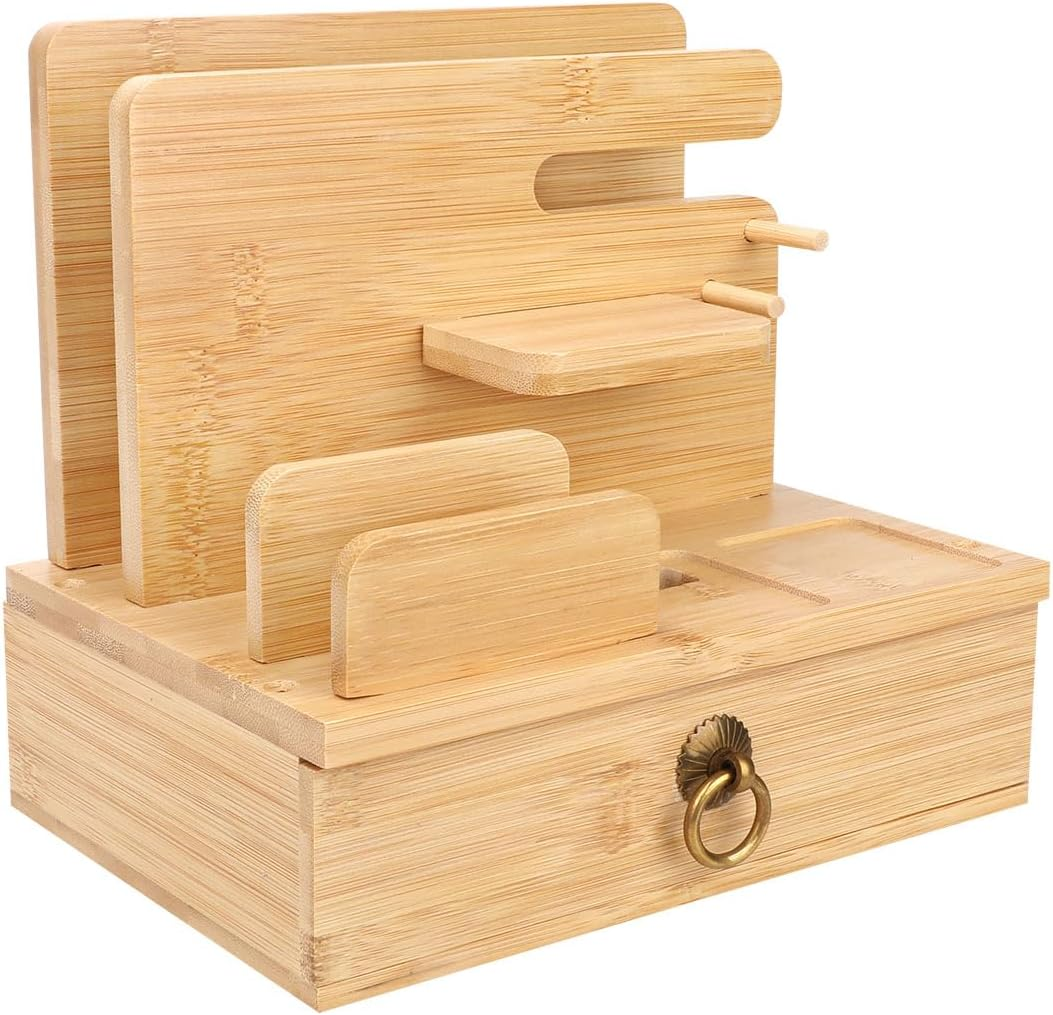 Bamboo Multiple Device Desktop Charging Dock Station Watch Organizer Key Holder with Drawer for Iwatch,Airpods,Ipad,Smartphones,Tablets,Kindles image number 3