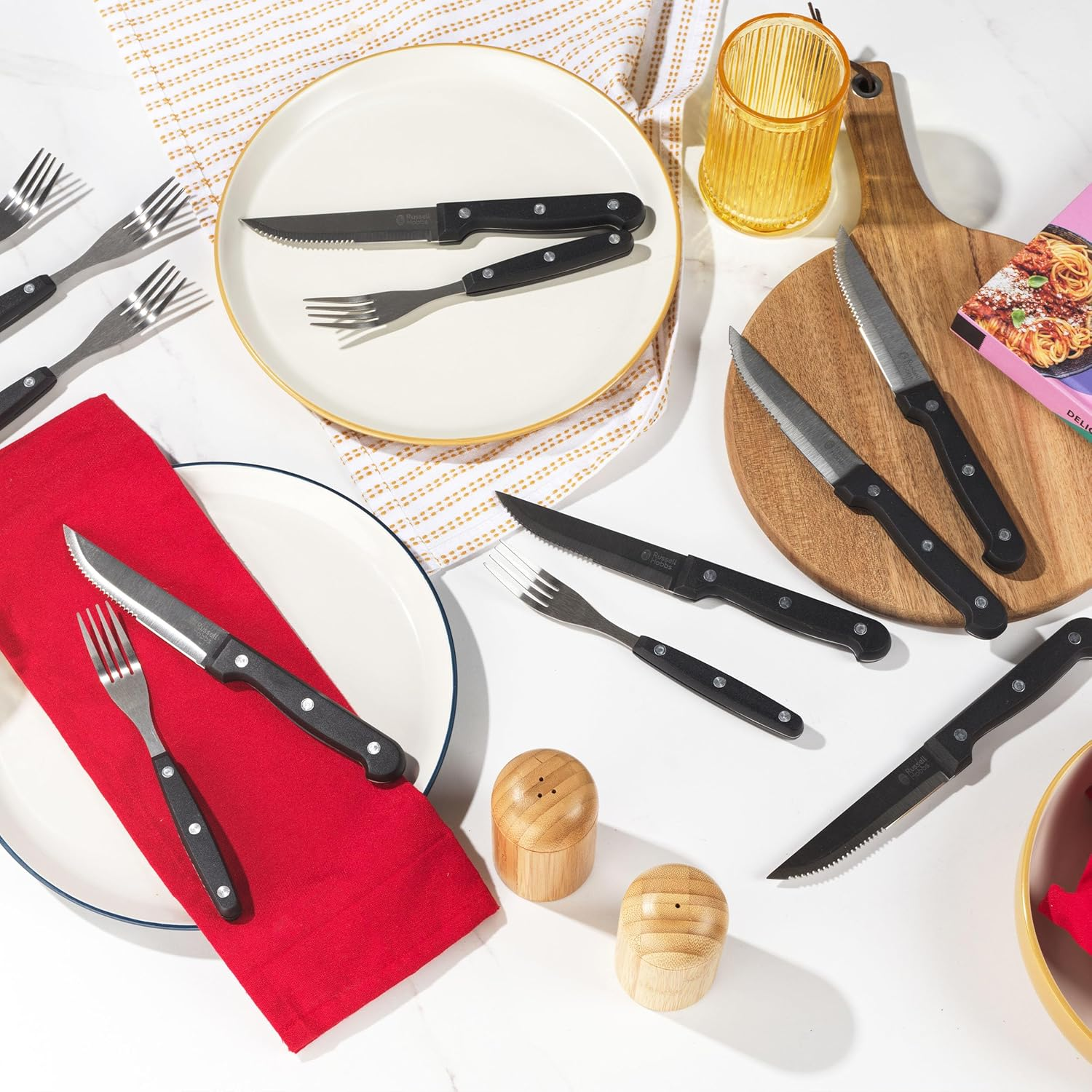 Russell Hobbs RH000431EU 12-Piece Steak Knife Set with Fork, Steak Cutlery Set for 6 People, Stainless Steel, 6 Traditional Steak Knives, 6 Steak Forks, Knife and Fork, Pizza Piece - Black image number 4