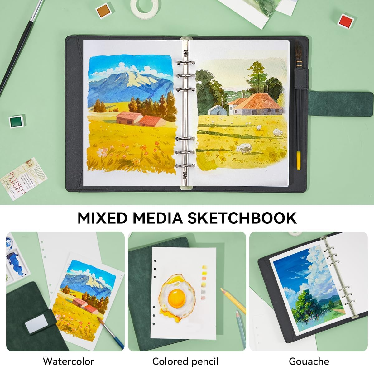 Lightwish Watercolor Sketchbook,100% Cotton Acid Free Watercolor Journal,300Gsm/140Lb Hot Press Watercolor Paper for Artists,Adults,Students,20 Sheets,9.25 * 6.3 Inches(Leather Green)
