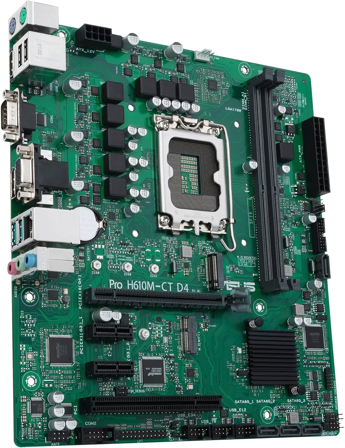 ASUS PRO H610M-C D4-CSM MATX Motherboard, Intel H610, LGA1700, DDR4, PCI 4.0, Intel LAN 1Gb, Realtek 7.1 Surround, 1Xm.2, 4Xsata 6Gb/S, USB 3.2 Gen 1, Asus Control Center Express, Black