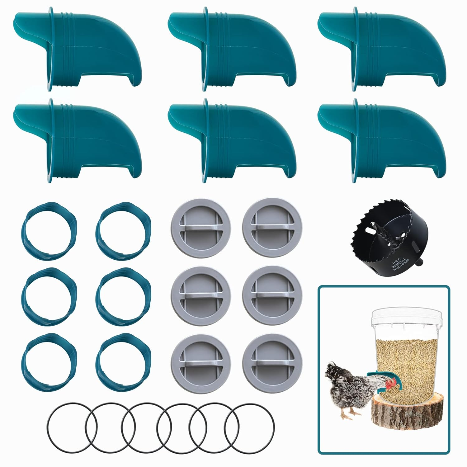 Chicken Feeders No Waste 4 Ports + Holesaw, Automatic Chicken Feeder, Rain Proof Poultry Feeder for Chickens, Duck, Geese, Birds, Quail