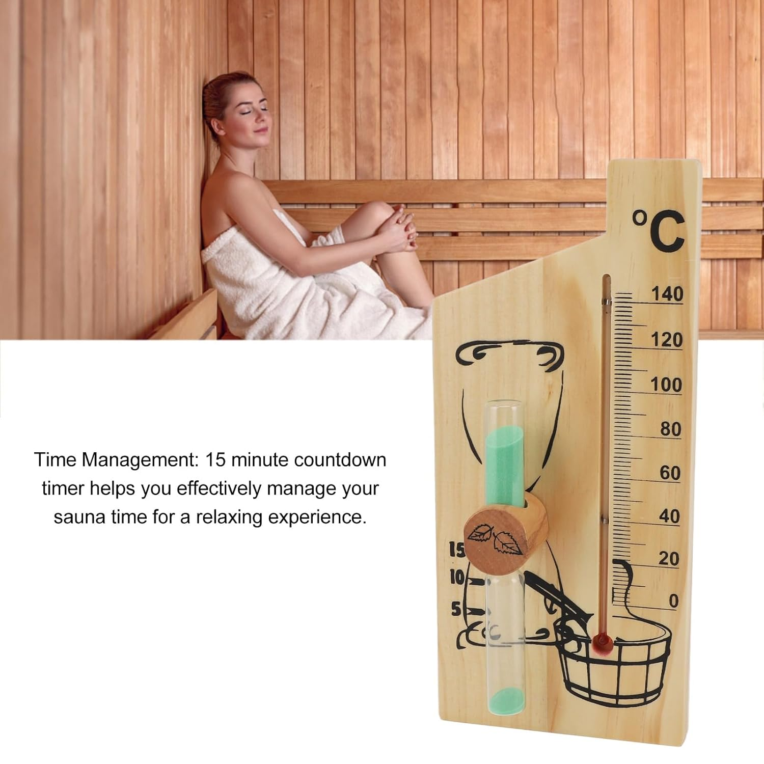 Sauna Thermometer Sand Timer, 2 in 1 15 Minute Hourglass Sand Timer 0 to 140℃ Sauna Thermometer Wall Mount Wooden Sauna Temperature Gauge Sauna Sand Timer for SPA Room image number 2