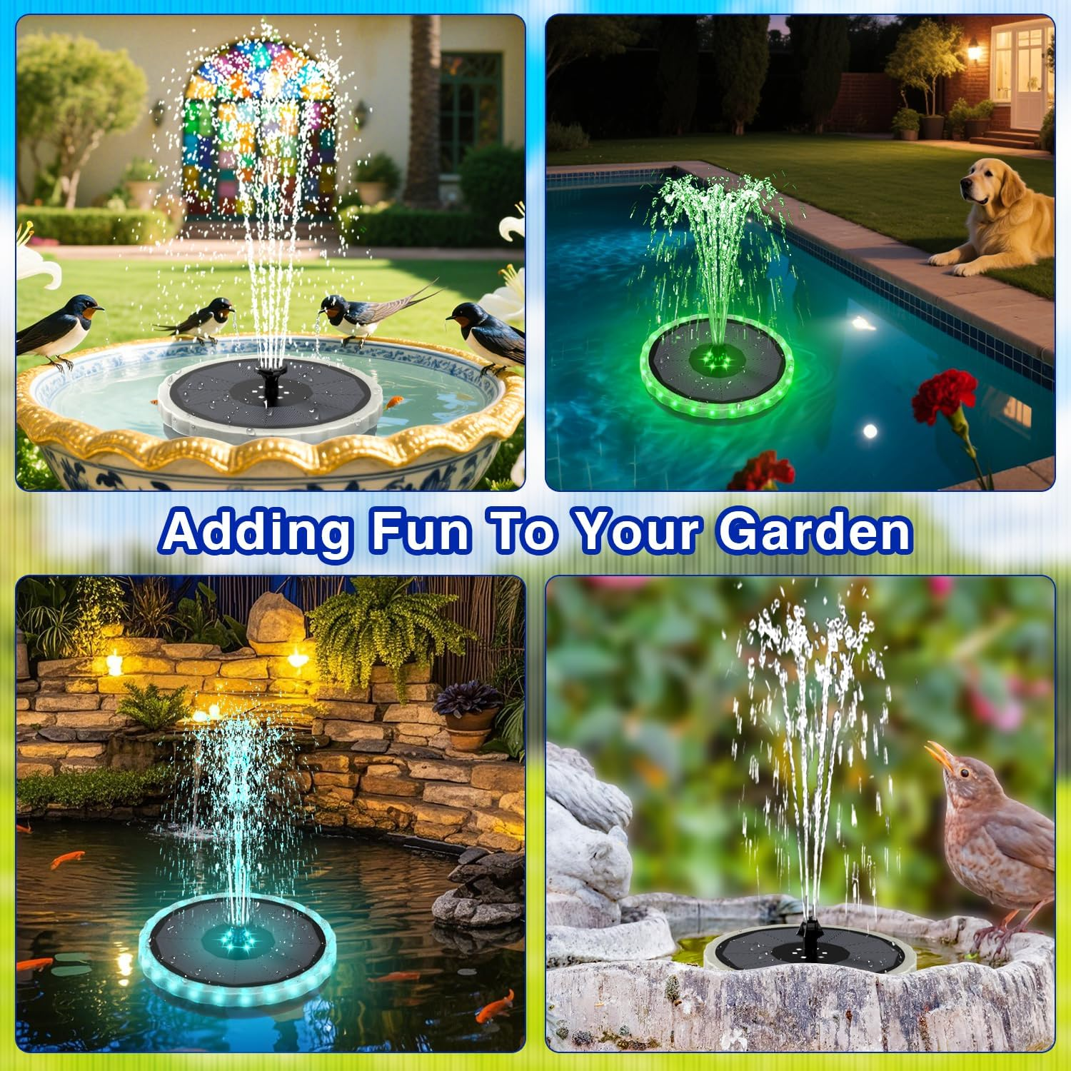 SZMP Solar Fountain, 4W Solar Powered Bird Bath Fountains with 4000 Battery, Color LED Lights, Outdoor Water Feature Fountain Pump with 7 Nozzle and 4 Fixers for Garden, Patio, Pond, and Pool image number 1