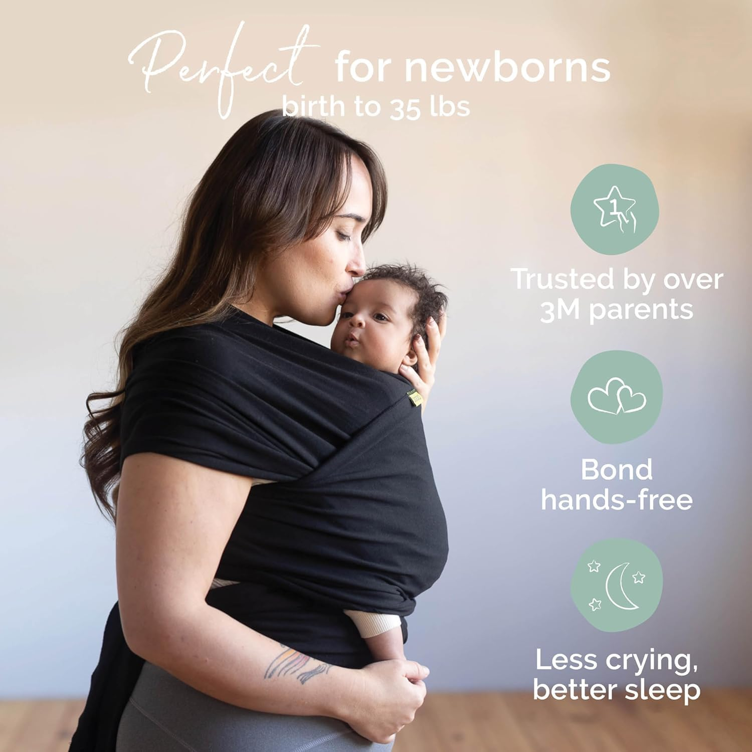 Soft Cotton Baby Wrap Carrier - All in 1 Original Breathable Baby Sling, Lightweight,Hands Free Baby Carrier Sling,Baby Carriers for Newborn,Infant(Trendy Black) image number 3