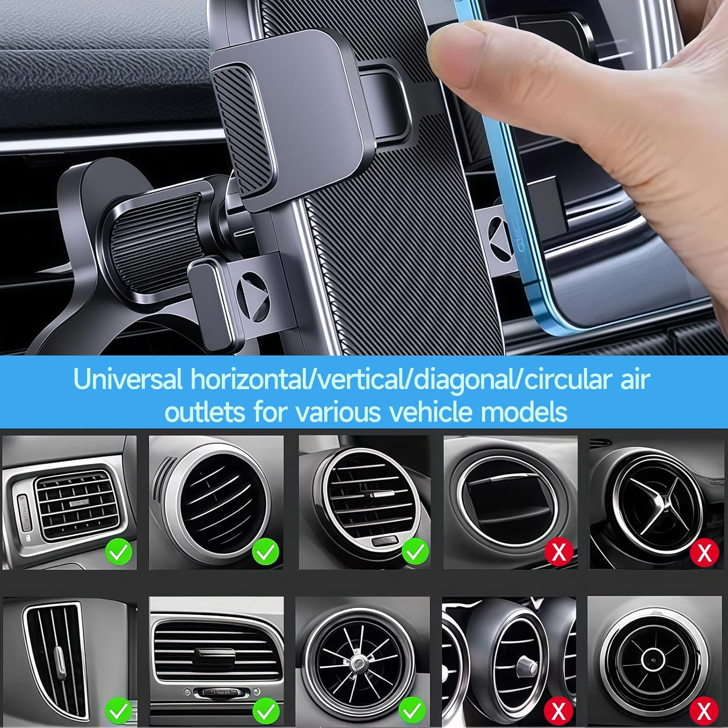 Car Vent Phone Holder with Strong Metal Hook, Triangle Stable Clip, 360&deg; Rotation & Anti-Slip Silicone, Fit for Dashboard Air Vents, Compatible with 4" - 7" Smartphones (Black) image number 5