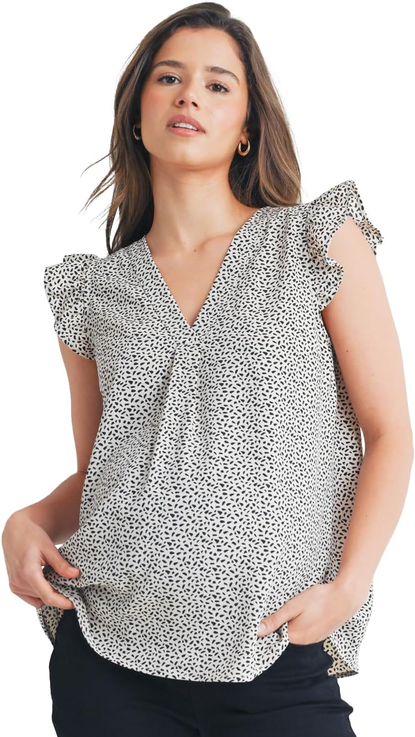Laclef Women'S Swiss Dot V Neck Ruffle Cap Sleeve Maternity Top