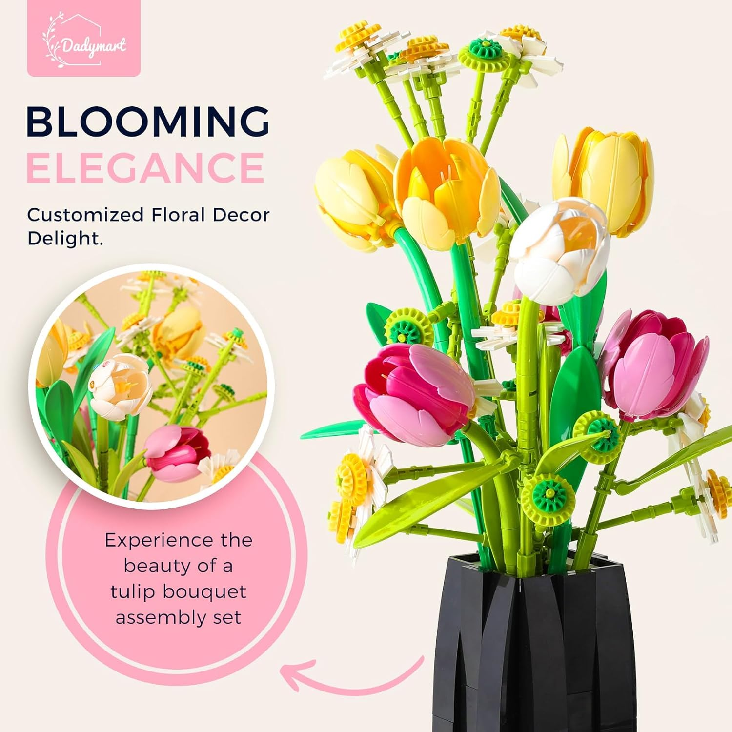 Flowers Bouquet Building Set with Tulips Daisies -1250 PCS Flower Model with Vase for Home Office Decor, Gifts for Mother'S Day Women'S Day Birthdays image number 3