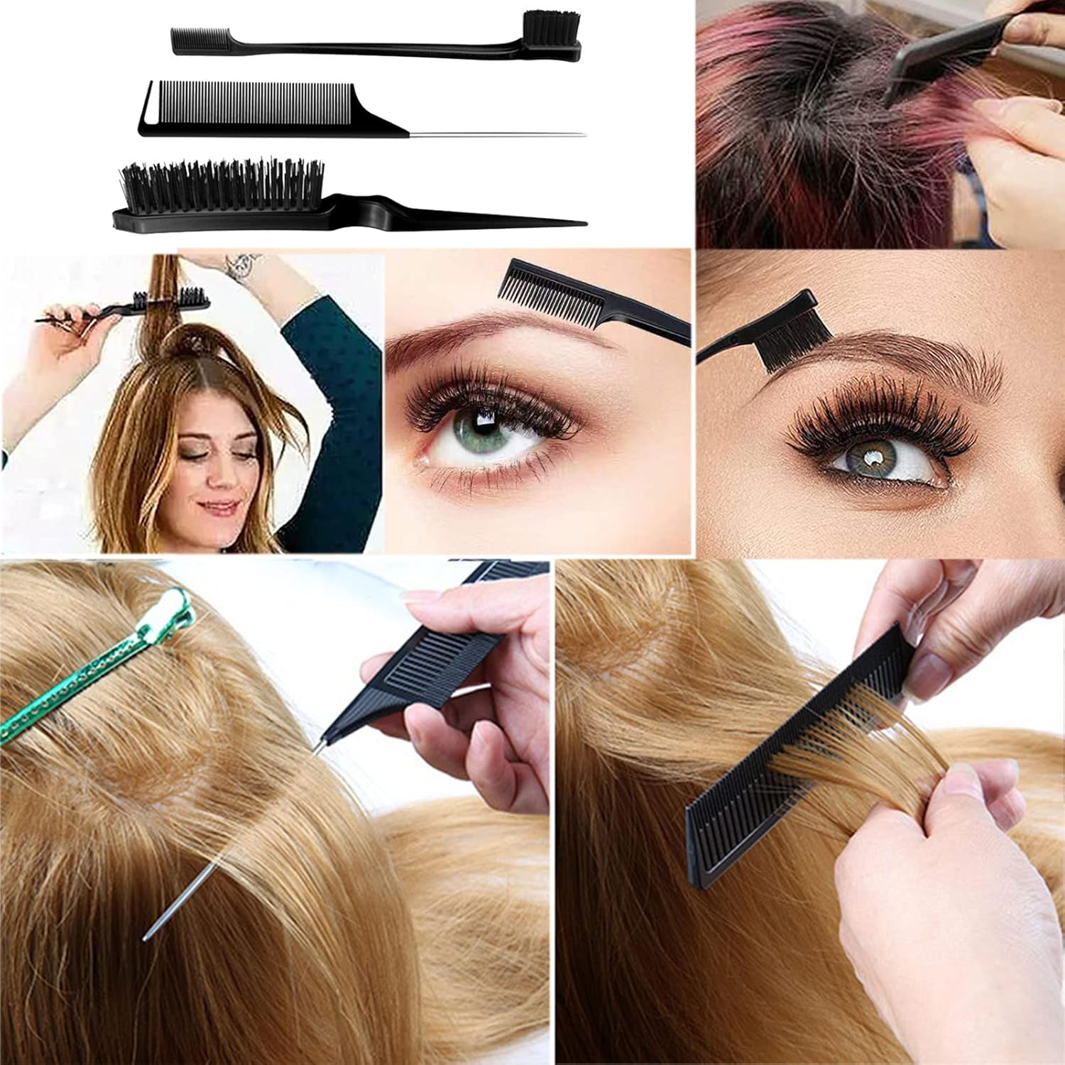 Sleek Bun Brush Set, Double Edge Brush, Teasing Hair Brush Set, Rat Tail Comb, for Hairdresser, Women, Baby, Children, Black, Pack of 3