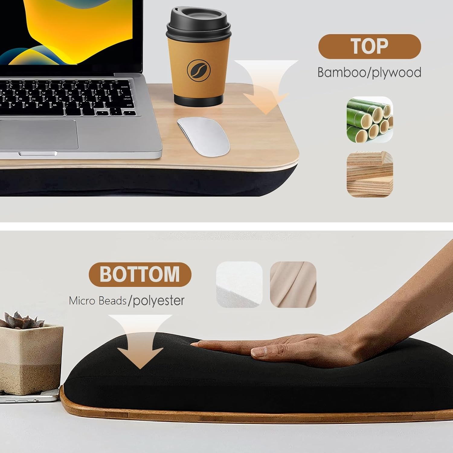 Lap Desk, Laptop Stand with Cushion, Portable Deluxe Bamboo Laptop PC Table with Pillows, Lap Tray Read Workstation image number 4