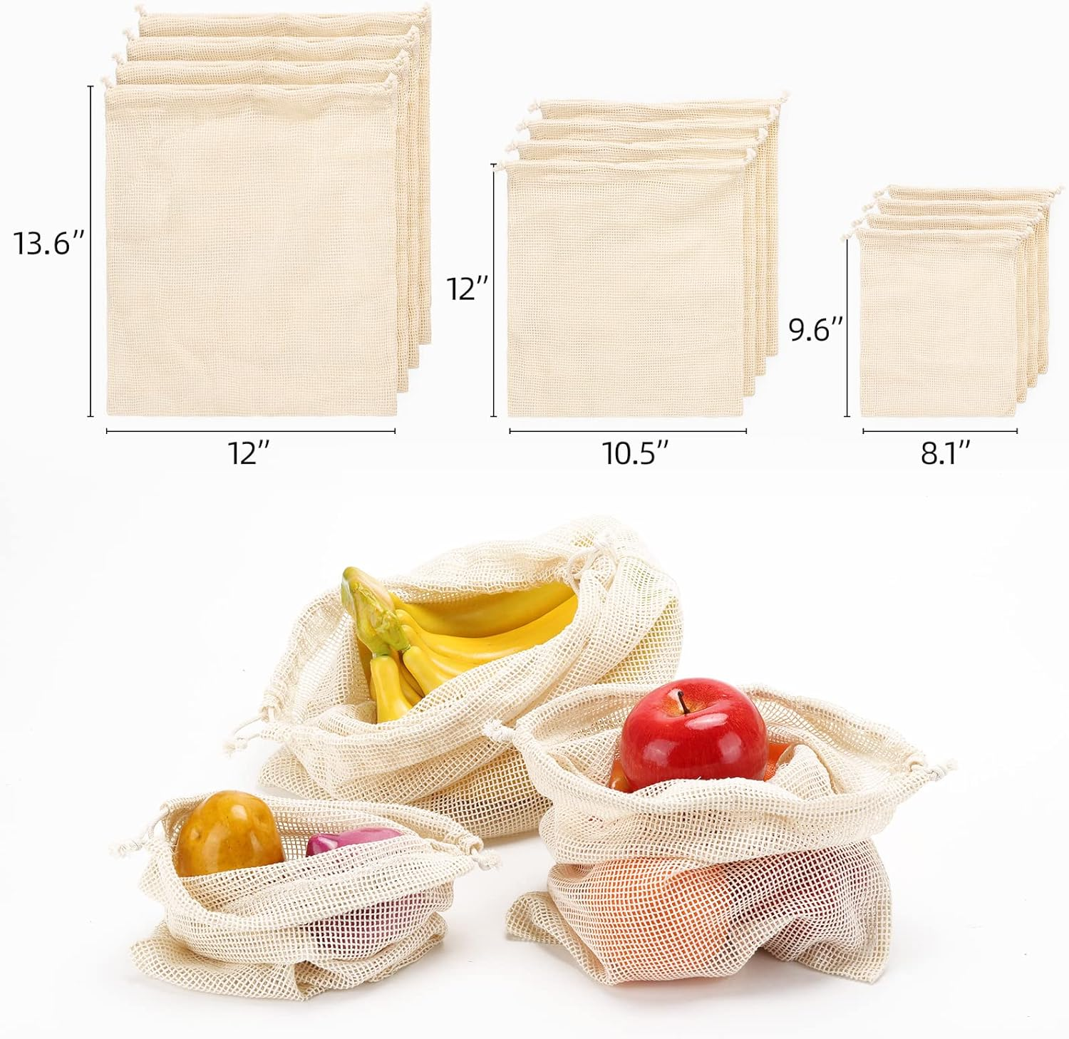 Reusable Produce Bags Grocery Washable - Set of 12 Cotton Mesh Produce Bags for Veggie Fruit Vegetable Storage, 3 Sizes (4L, 4M, 4S) image number 6