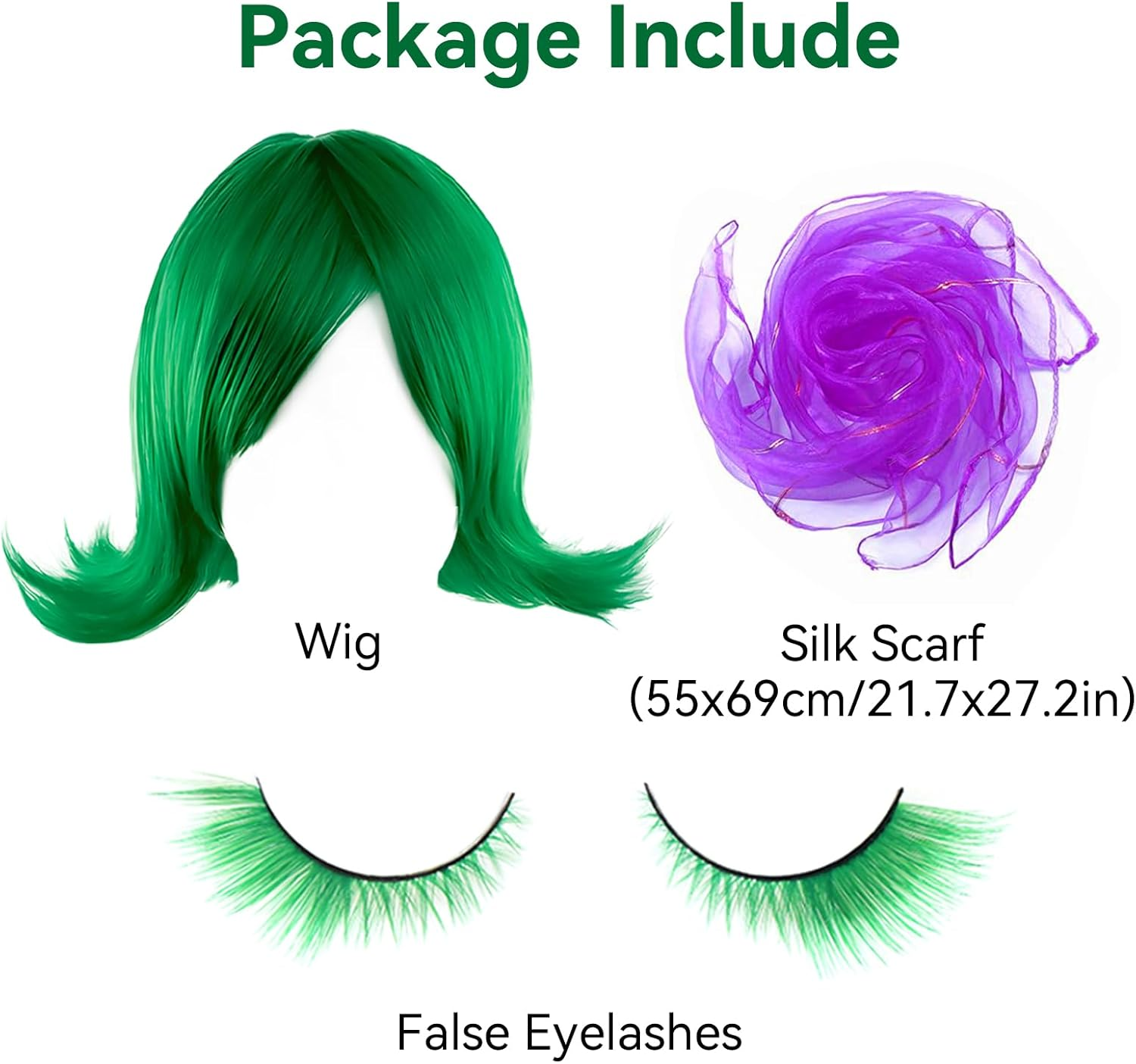 Taefuhnn Women Green Costume Wig with Scarf and False Eyelashes, Halloween Costume for Girls, Green Wig for Adults Cosplay Dress up Book Week image number 2