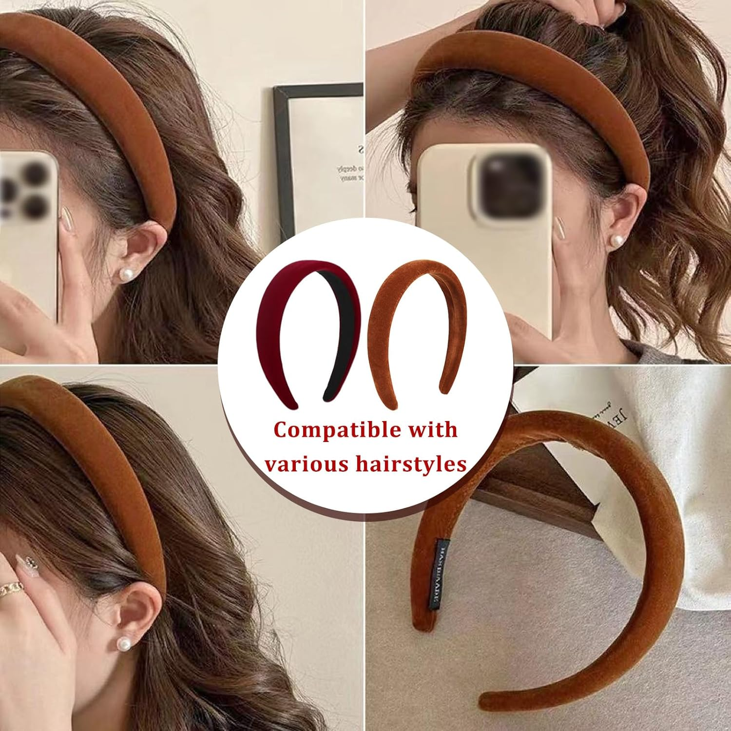 KASESSS 2 Pcs 3Cm Velvet Wide Headbands for Women, Fashion Accessories Headband, Elastic Head Bands Non-Slip Hair Accessories, Caramel Brown Burgundy Headbands for Girls, Head Band for Daily Party image number 3