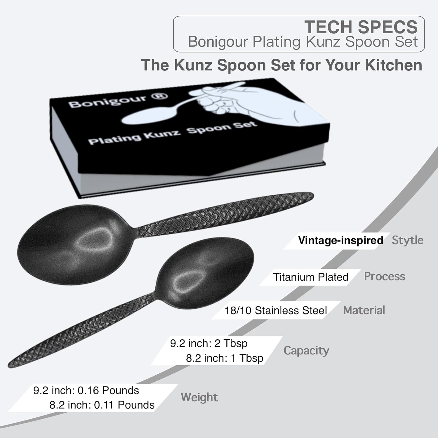 Bonigour Chef Kunz Spoons - 18/10 Stainless Steel Professional Set for Basting, Plating, Quenelle, Serving, Sauces| Vintage-Inspired Chef Spoon Set| Culinary Plating Tools with Non-Slip Grip (Black) image number 6