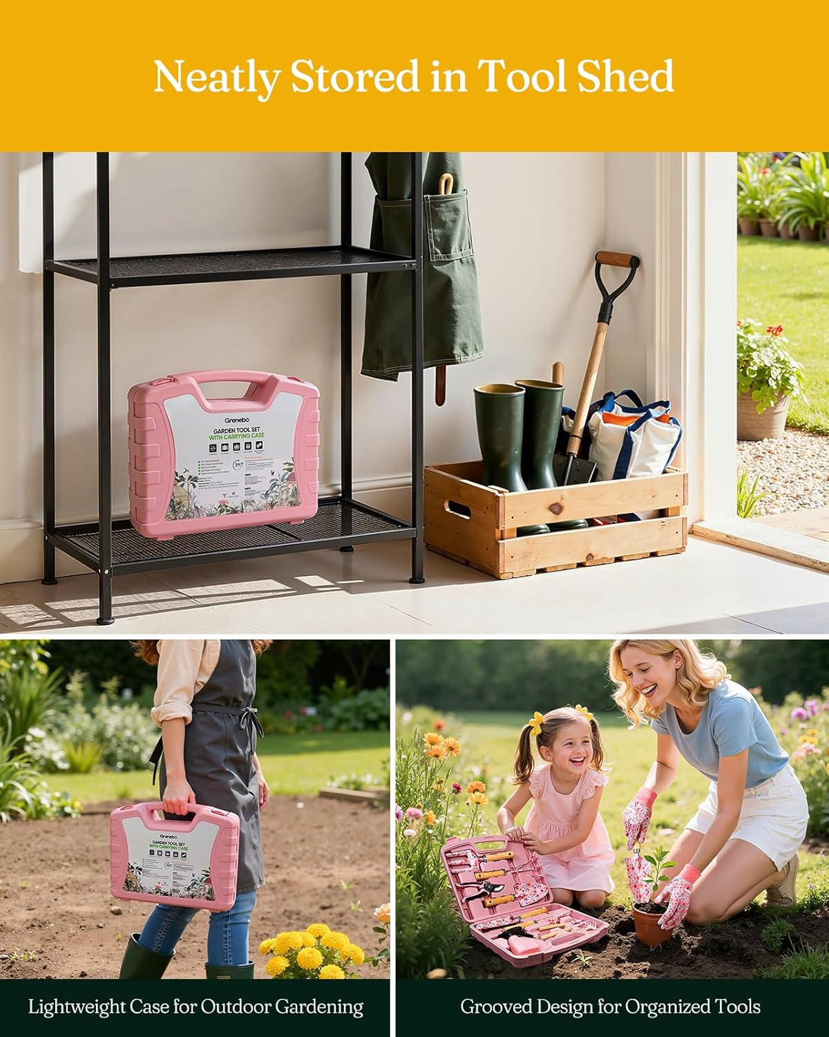 Grenebo 12-Piece Womens Gardening Tools Gift Set, Rust-Proof & Heavy-Duty Garden Tools with Durable Carrying Case, Fashionable & Thoughtful Gardening Gifts for Women&Men (Pink) image number 2