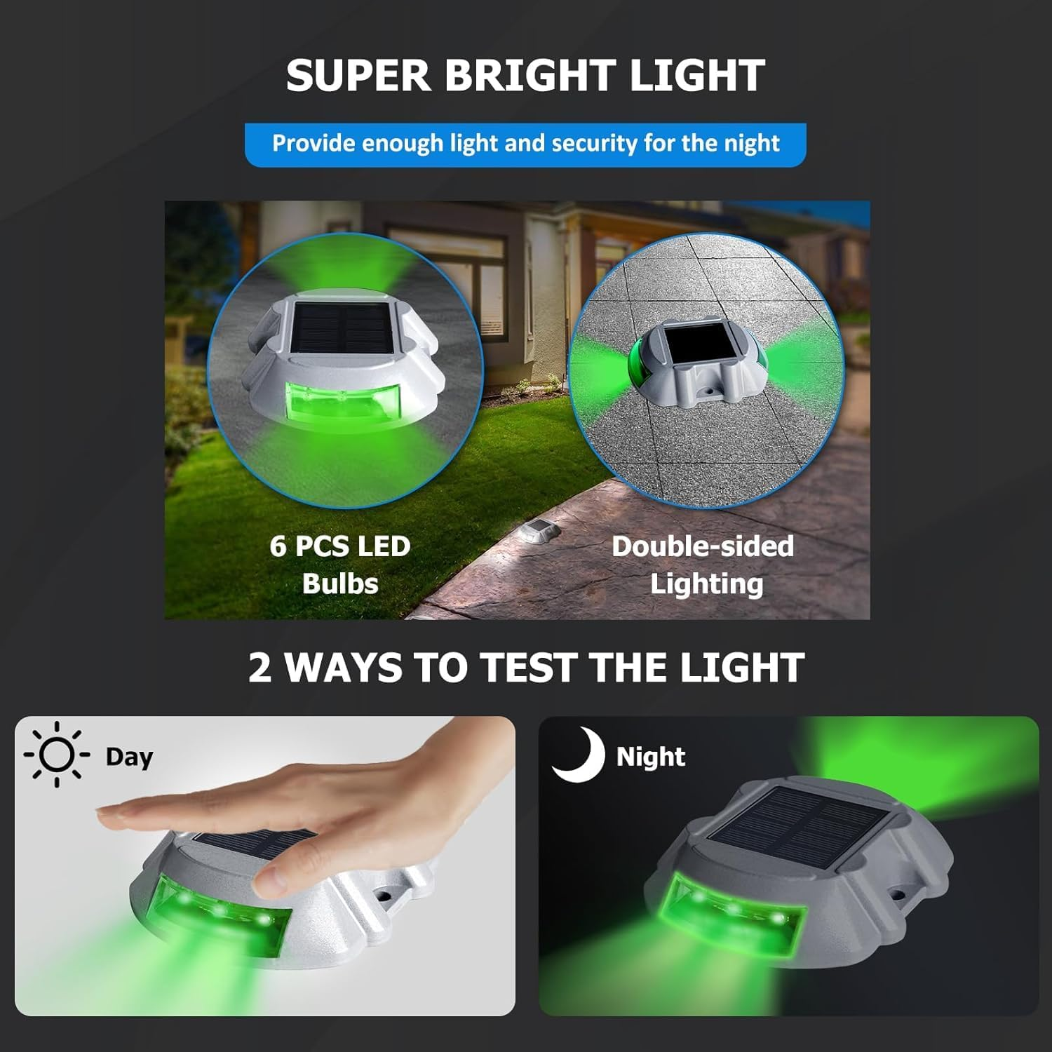 4Pack Solar Deck Lights LED Driveway Lights Solar Powered Dock Light Outdoor IP68 Waterproof Road Markers for Step Sidewalk Stair Boat Garden Ground Pathway Yard (Green)