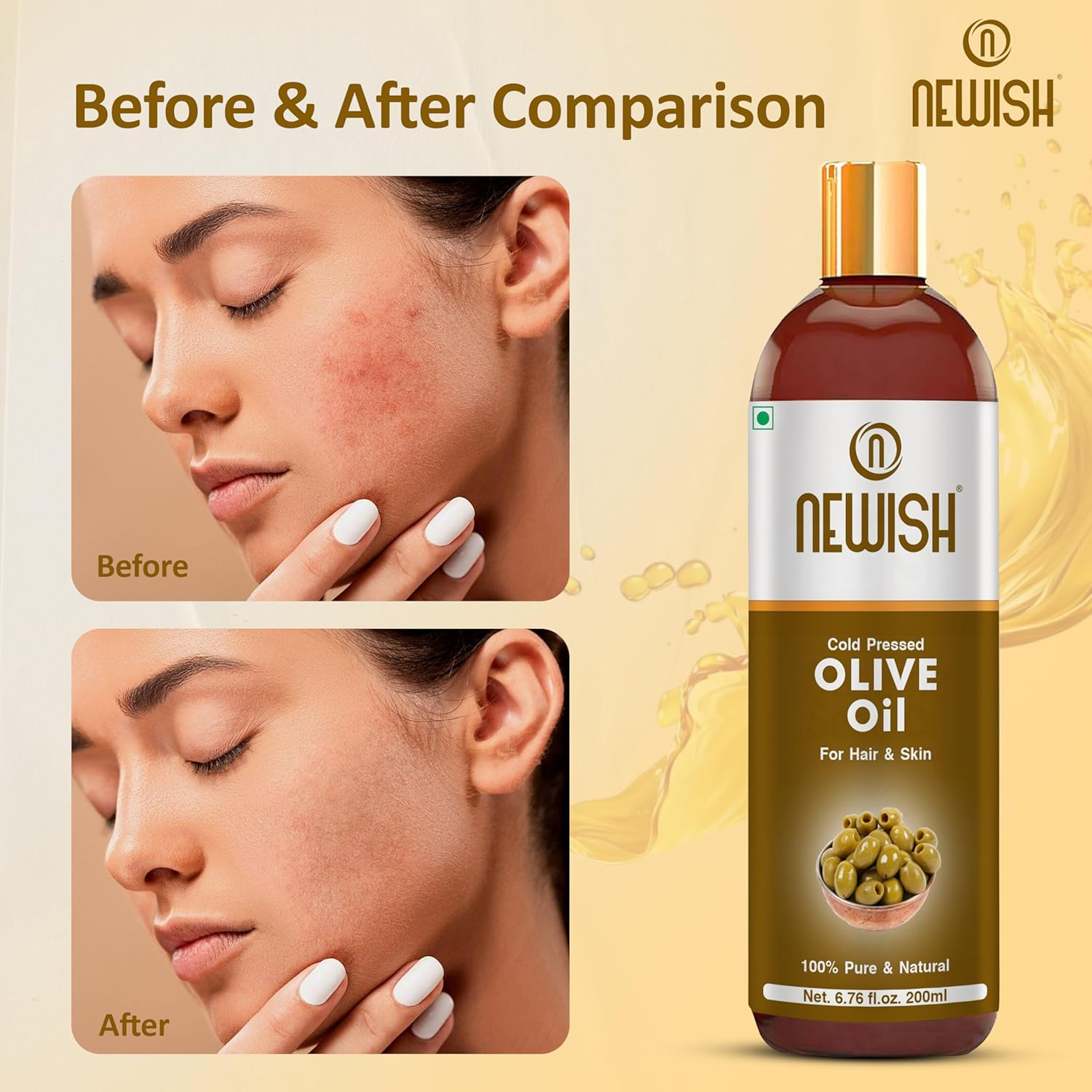 Newish&reg; Pure Cold Pressed Olive Oil for Hair and Skin,200Ml (Olive Oil) image number 5