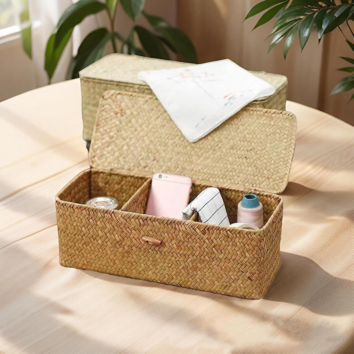 APACALI Pack of 2 Seagrass Storage Basket with Lid, Rectangular Rattan Storage Basket with Compartment, Natural Braided Baskets, Wicker Baskets for Shelves, Organisation of Natural Seagrass image number 2