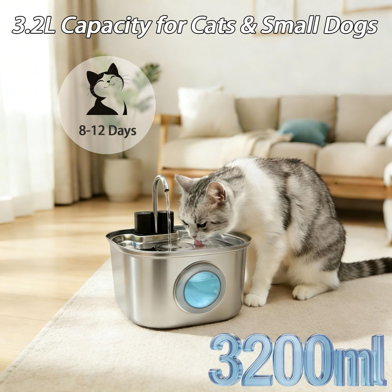 Wireless Cat Water Fountain Stainless Steel, 3.2L/108Oz Pet Water Fountain for Cats inside with Level Window, Ultra-Quiet Pump Pet Dispenser with Five Filters for Cats,Dogs, Dishwasher Safe (Silvery) image number 3