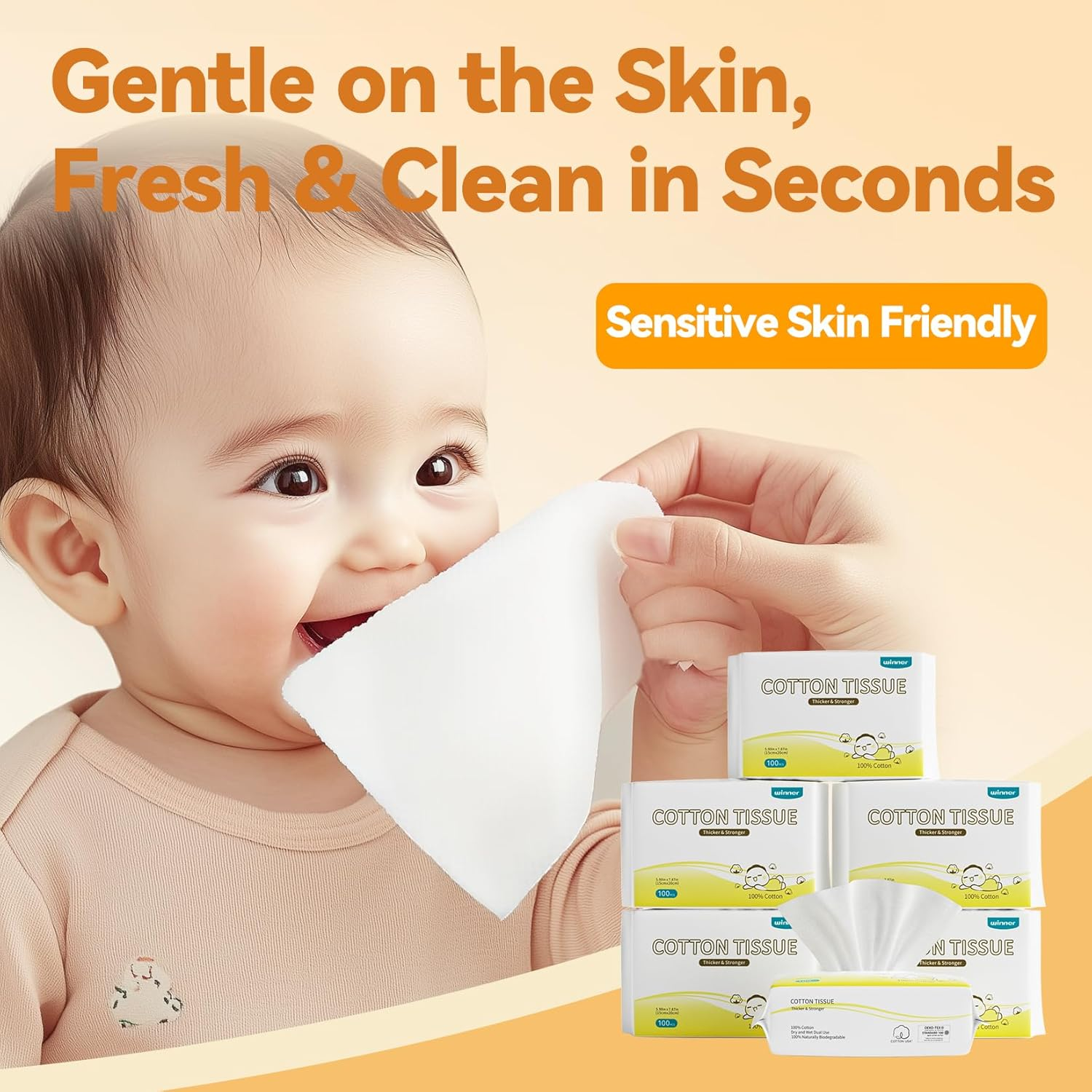 Winner 100% Cotton Dry Wipes, USDA Certified Baby Wipes, 600 Count, Soft & Gentle, Hypoallergenic & Unscented for Baby Sensitive Skin, Use Wet/Dry for Diaper Changes, Meals & Cleanup, Pack of 6 image number 5