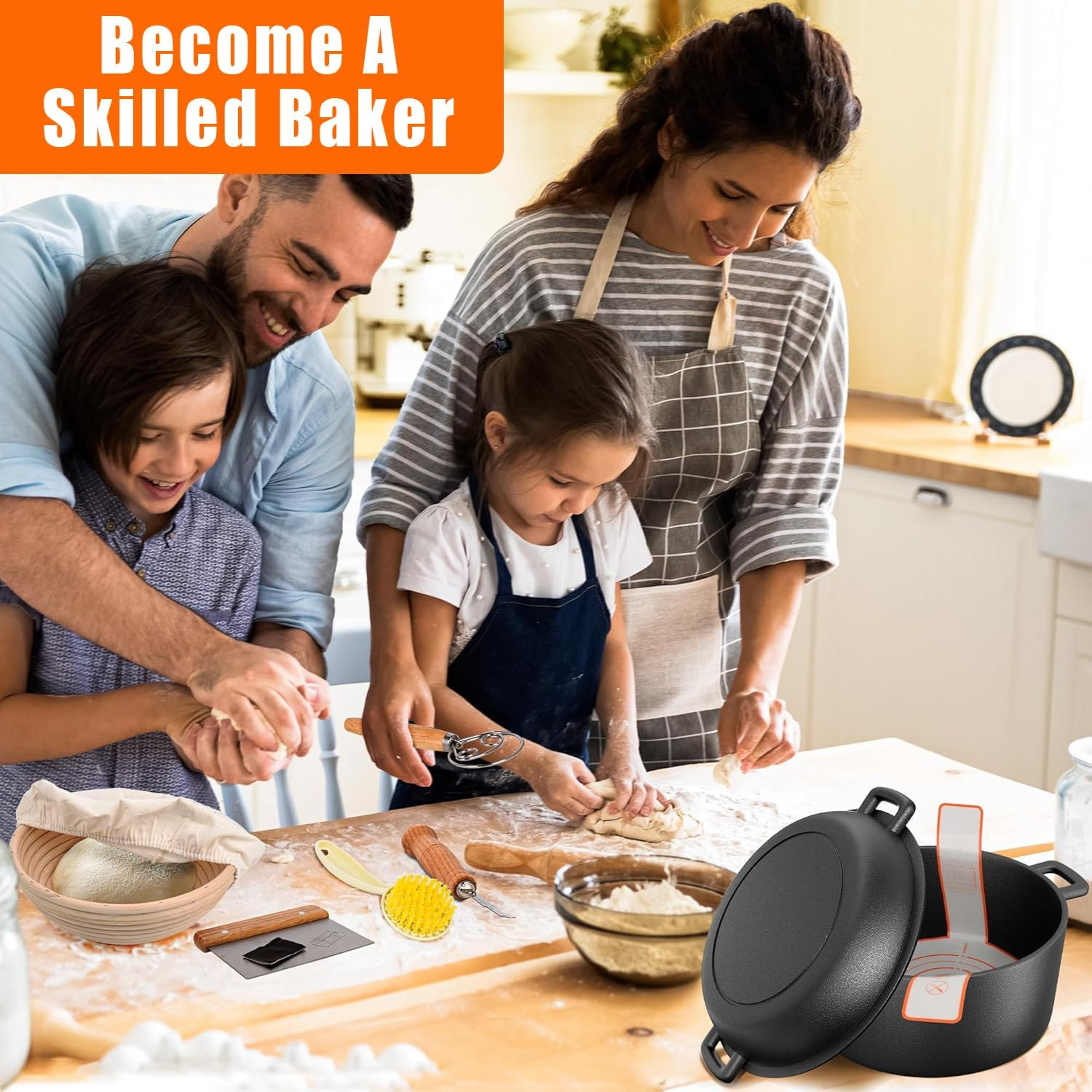 5QT Cast Iron Dutch Oven for Bread Baking, Proofing Basket Sourdough Starter Kit, Bread Making Pan Pot with Lid, Sour Dough Tools Set Includes Lame Supplies,For Family Cooking,Frying,Braising,Bbq,Black. image number 3