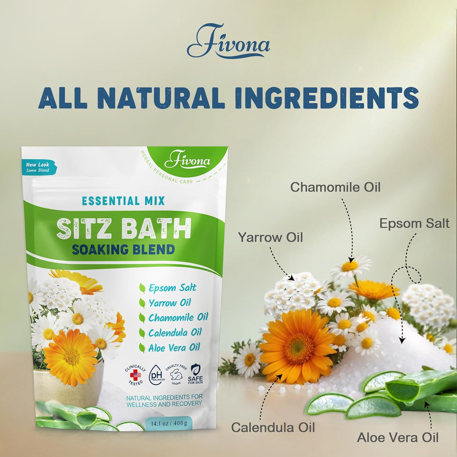 Fivona All Natural Sitz Bath Soaking Blend - Epsom Salt with Pure Essentials Oils - for Hemorrhoid, Fissure, Postpartum Care, Bartholin Cyst Treatment - Essential Mix for Self Care - 14.1 Ounces