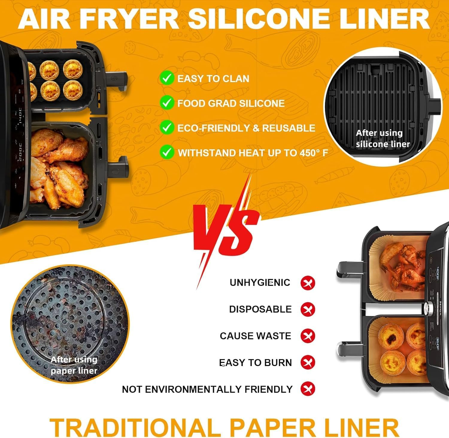 Akulife Air Fryer Liners Silicone Reusable for Tefal Easy Fry 5.2L/3.1L, Dual Air Fryer Inserts, Accessories for Lakeland 5L/3L, Tower T17099 5.2L/3.3L, Salter 5.5L/3.5L, Netta 5.5L/3.5L image number 1