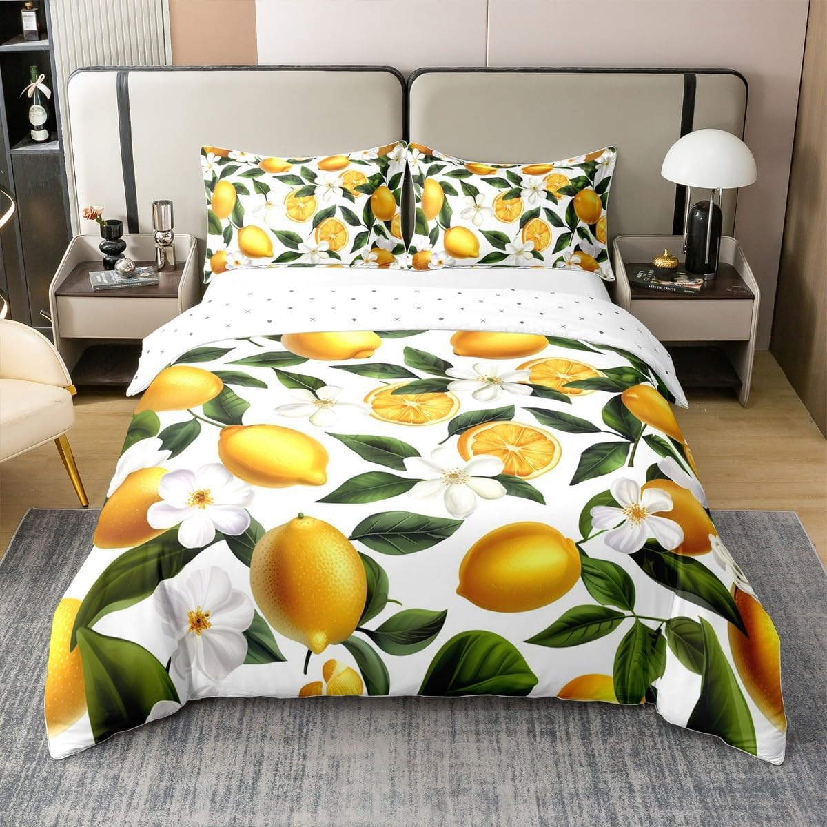 Homewish Lemon Cotton Bedding Set 135 X 200 Cm Summer Fruits Tropical Duvet Cover for Children Boys Girls Botanical Flowers Floral Bed Linen Hawaii Farmhouse Bed Set Modern Bedroom Decor image number 6