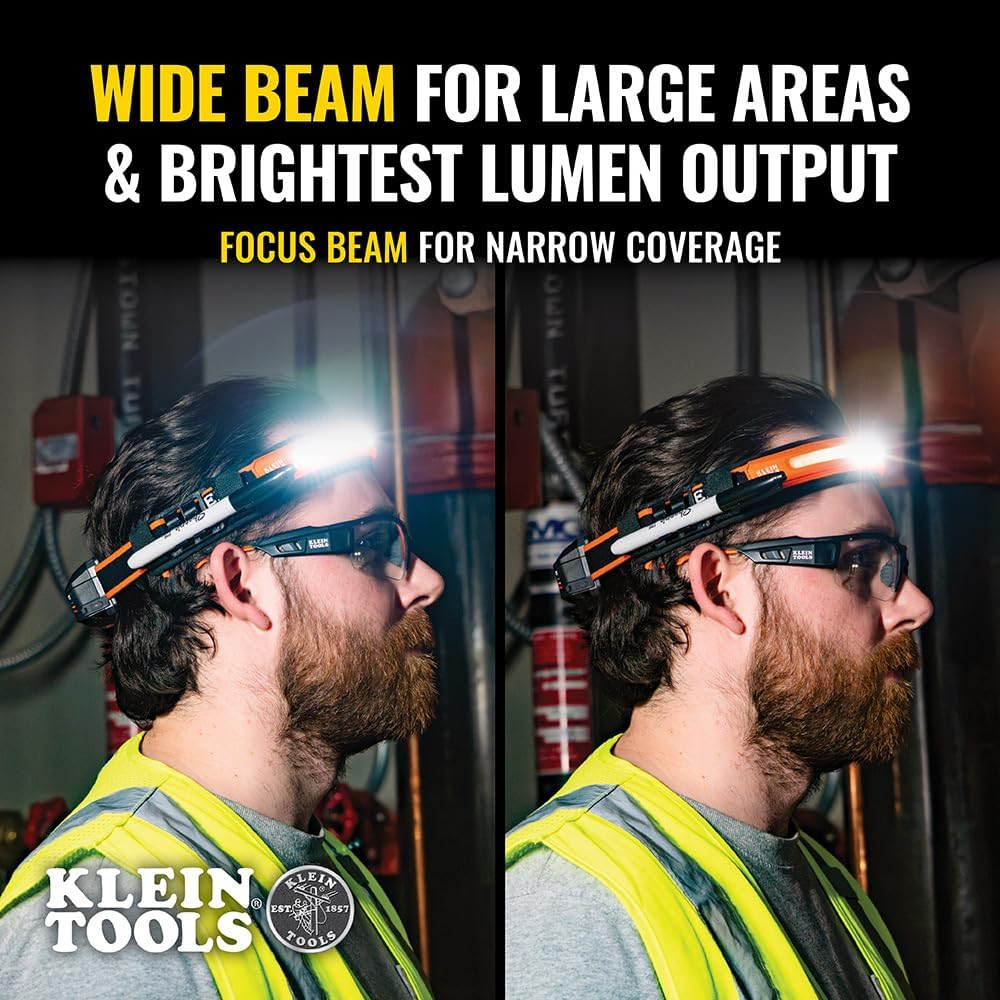 Klein Tools A-56308 575 Lumens Wide-Beam LED Rechargeable Headlamp with Strap, Orange/Black image number 3