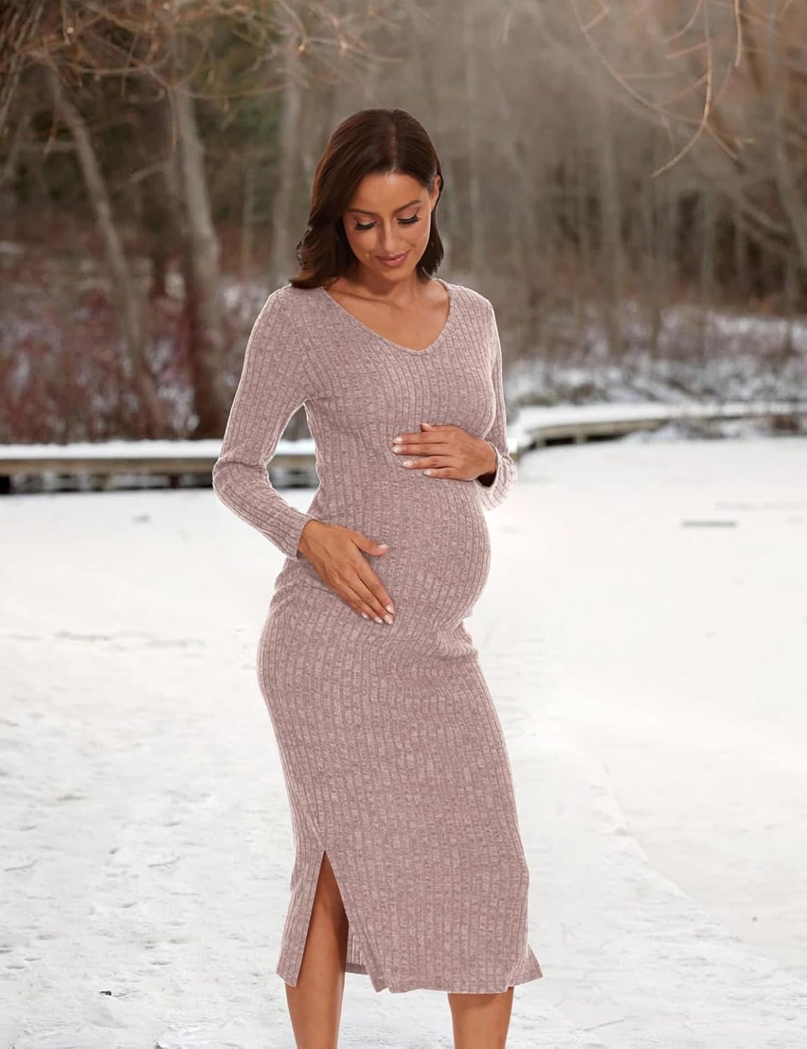 Maternity Sweater Dress,Turtleneck Ribbed Long Sleeve Maternity Dress for Casual/Photoshoot/Baby Shower image number 4
