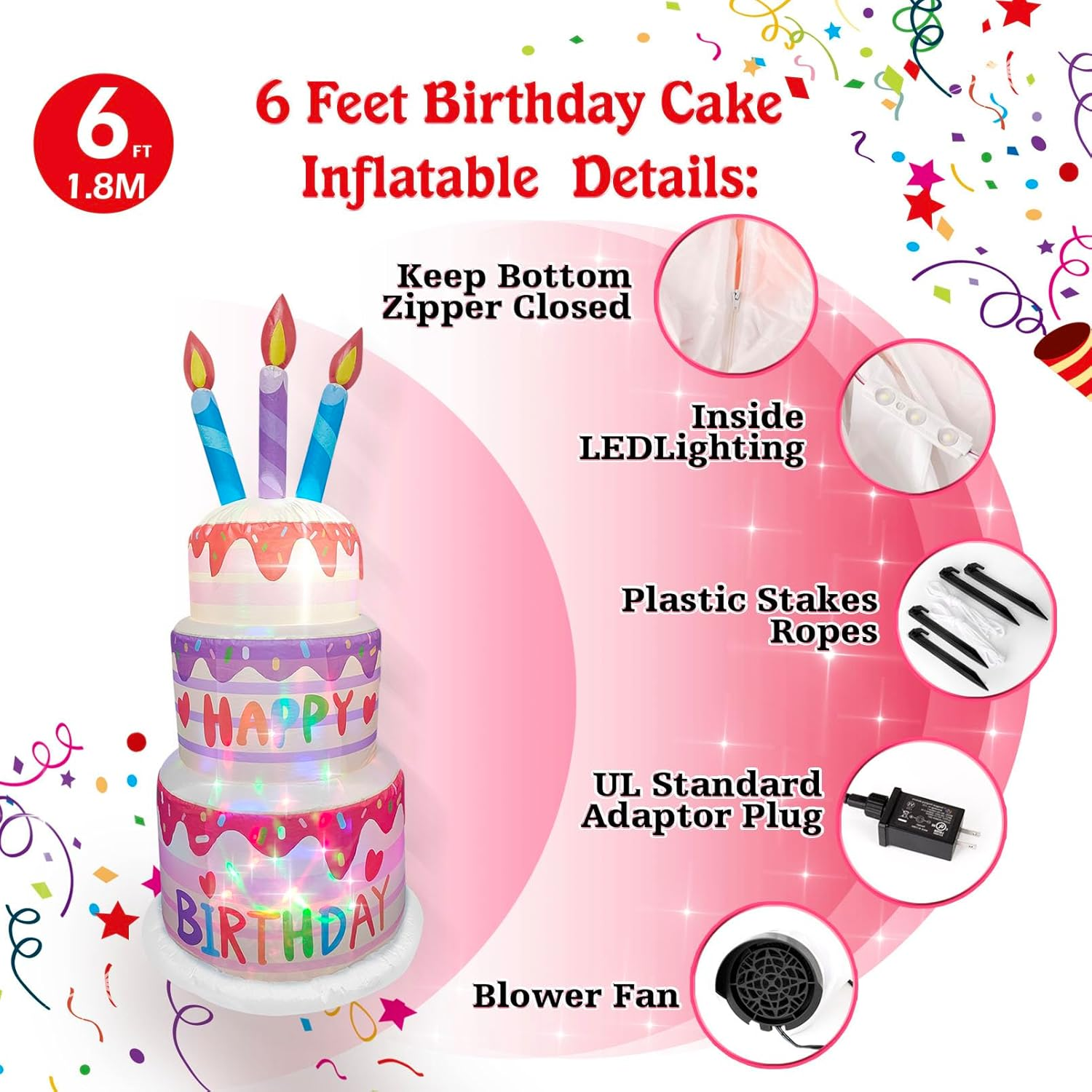 6 Ft Happy Birthday Inflatable Cake Decor with LED Lights &ndash; Outdoor Blow up Yard Sign, Indoor Party Decoration for Home, Lawn, Garden Celebration image number 4