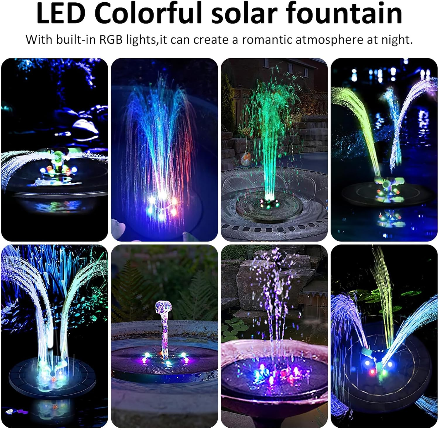 TEHAUX Solar Fountain Pump with RGB Color Lights Floating Solar-Powered Water Pump for Bird Baths Garden Water Features Outdoor Decor with Auto Shutoff Safety