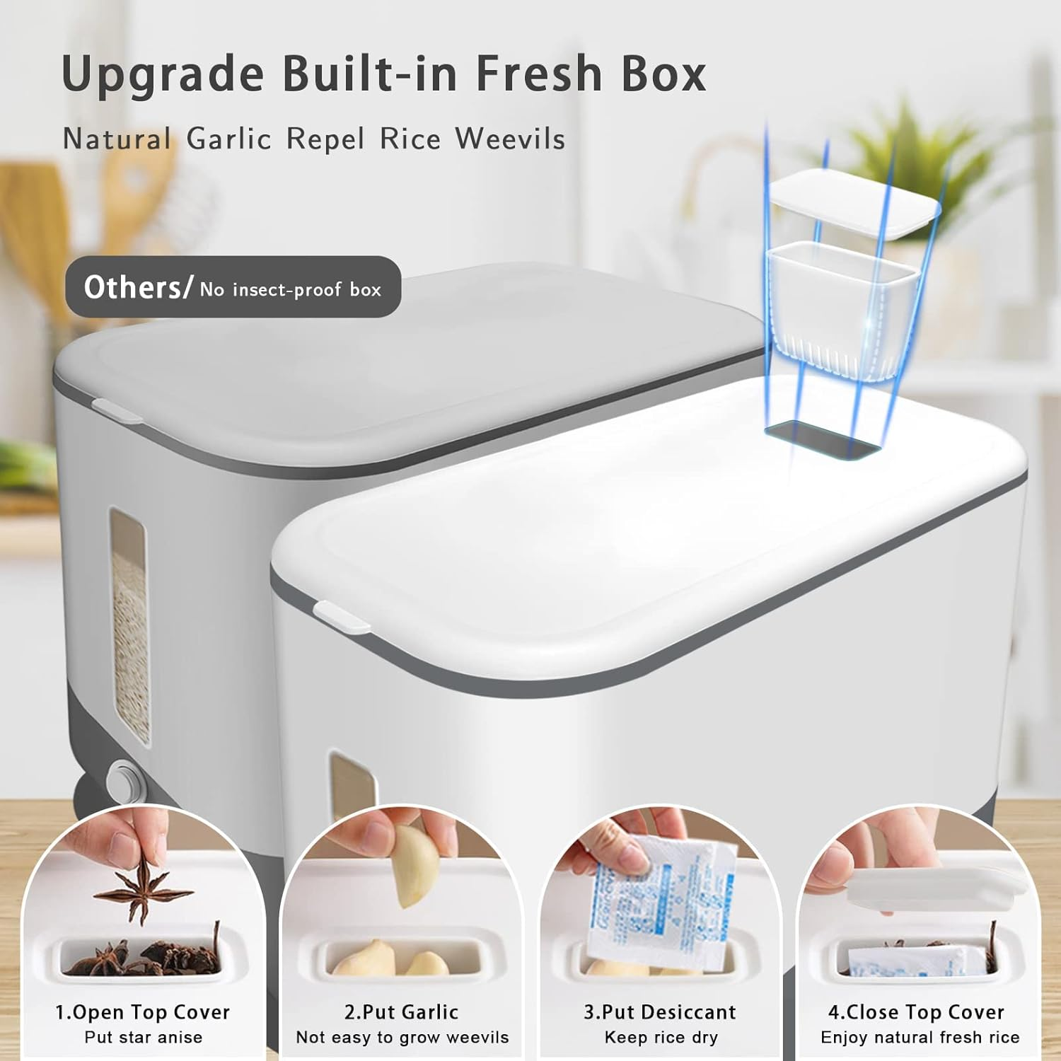 10KG Capacity Rice Storage Container with Fresh Box Measuring Cup and Cleaning Tools for Flour Cereal Kitchen Storage