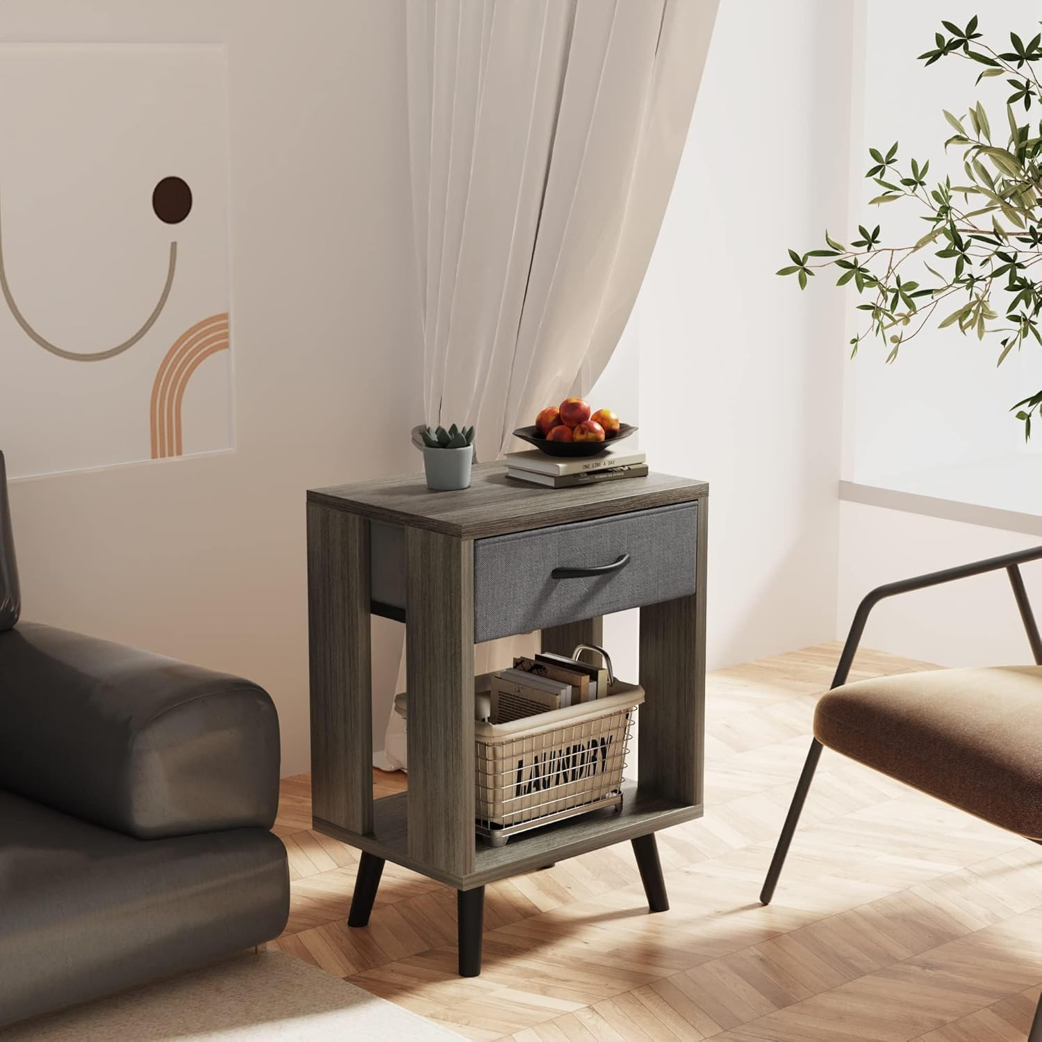 GYIIYUO Nightstands Set of 2 with Black Fabric Storage Drawer and Open Wood Shelf, Side Table with Storage for Bedroom, Bedside Tables - Gray 23.7" H - Rustic Brown image number 5