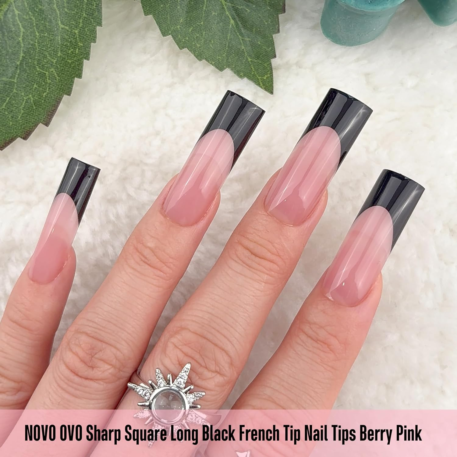 NOVO OVO Long Sharp Square Black French Tip Nail Tips Press on Berry Pink, Extra Thick Need Builder Gel & Top Coat & Glue, Soft Gel Extension Full Cover for DIY 15 Sizes, Pack of 180