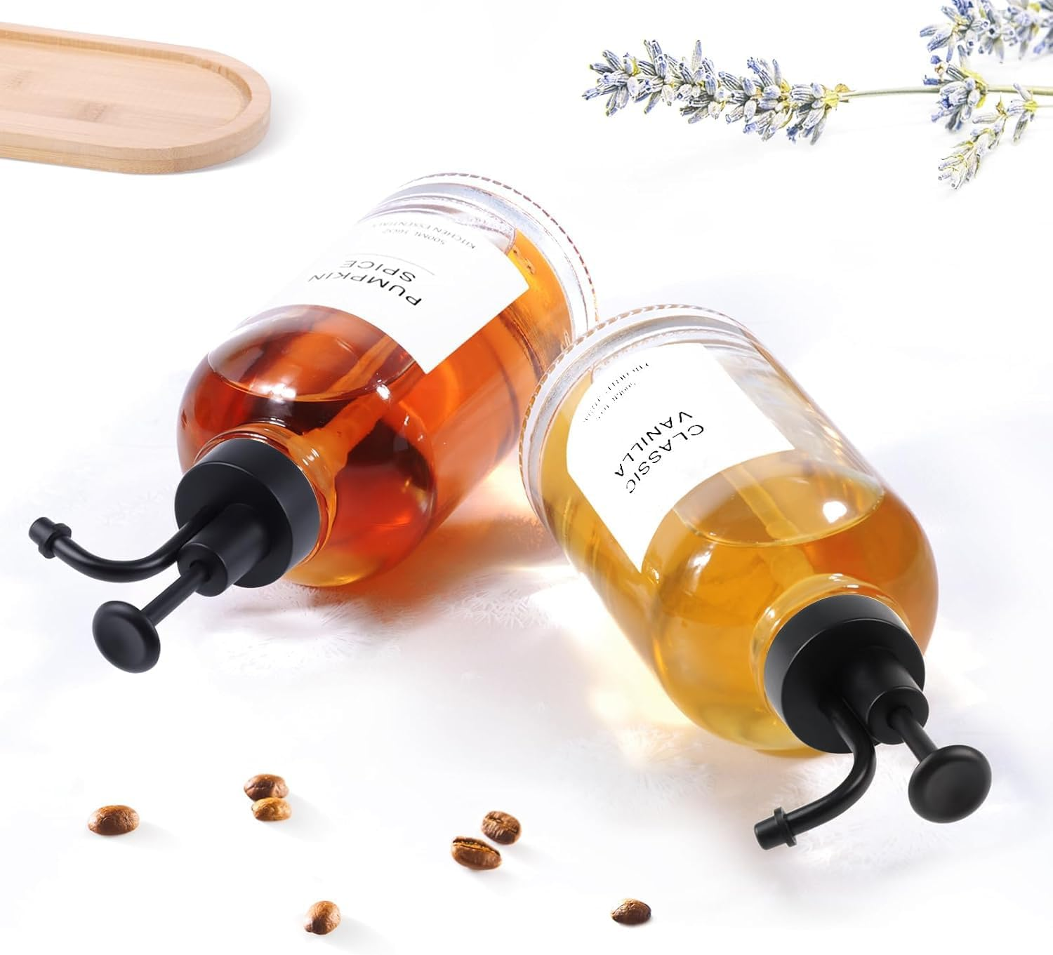 Syrup Dispenser, Coffee Syrup Dispenser for Coffee Bar, Simple Glass Syrup Bottle and Bamboo Tray, Syrup Pump Dispenser 16.9 Oz 500 Ml, Set of 2, Gold, Coffee Bar Accessory - Silver image number 1